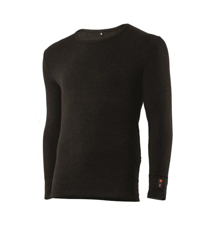 Graues Langarm-Thermoshirt. Rundhalsausschnitt. Schwarzes Bündchen mit Knopf. Dunkler Stoff.