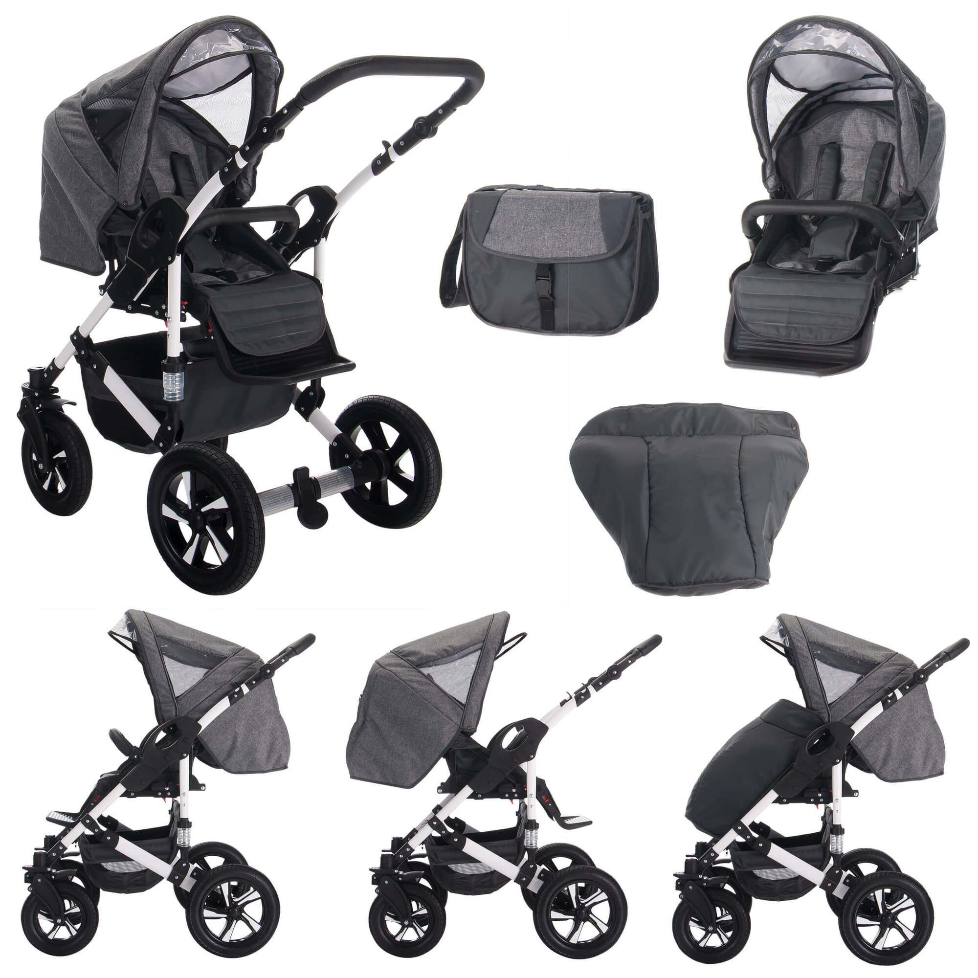 Bebebi Florida 4 in 1 Kinderwagen Komplettset ISOFIX Basis Hartgummireifen, Flojeans