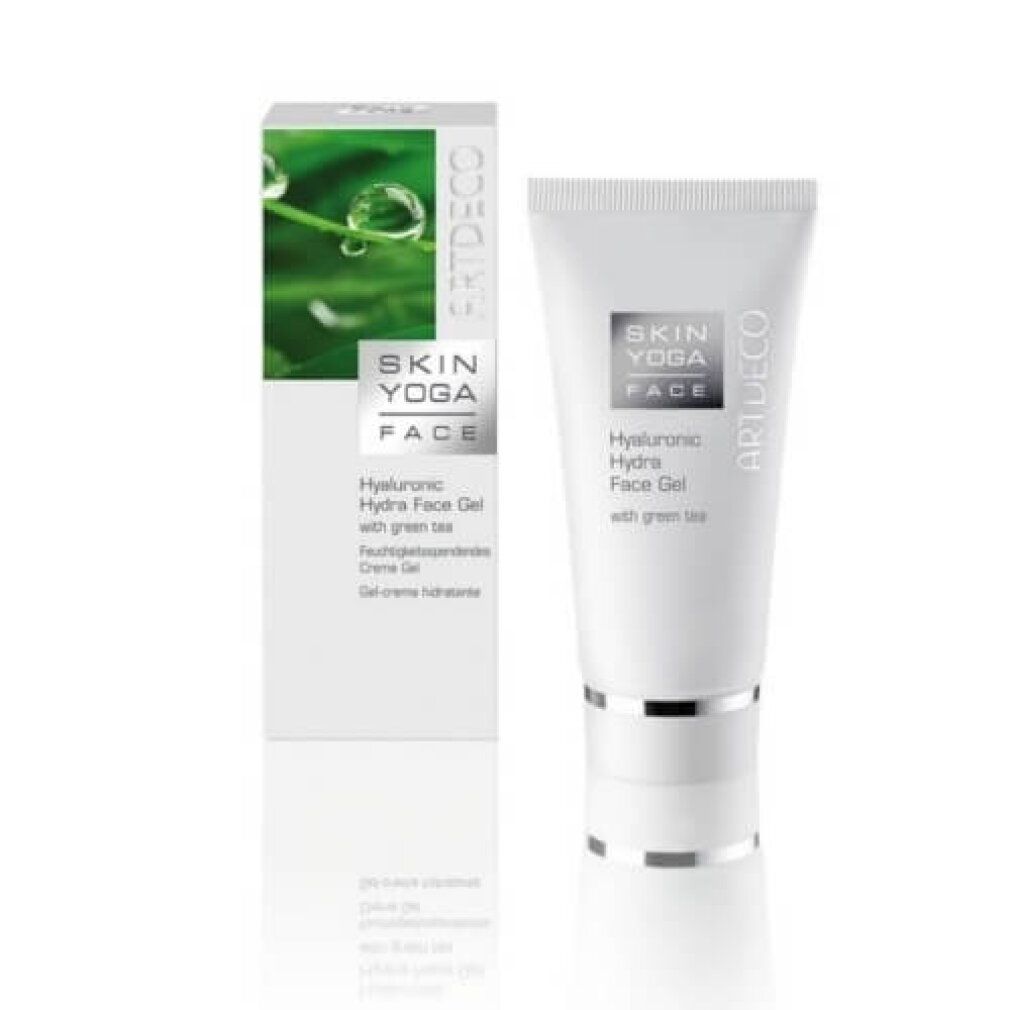 Weiße Tube und Schachtel. Aufschrift: Skin Yoga Face, Hyaluronic Hydra Face Gel with green tea. Artdeco Logo.