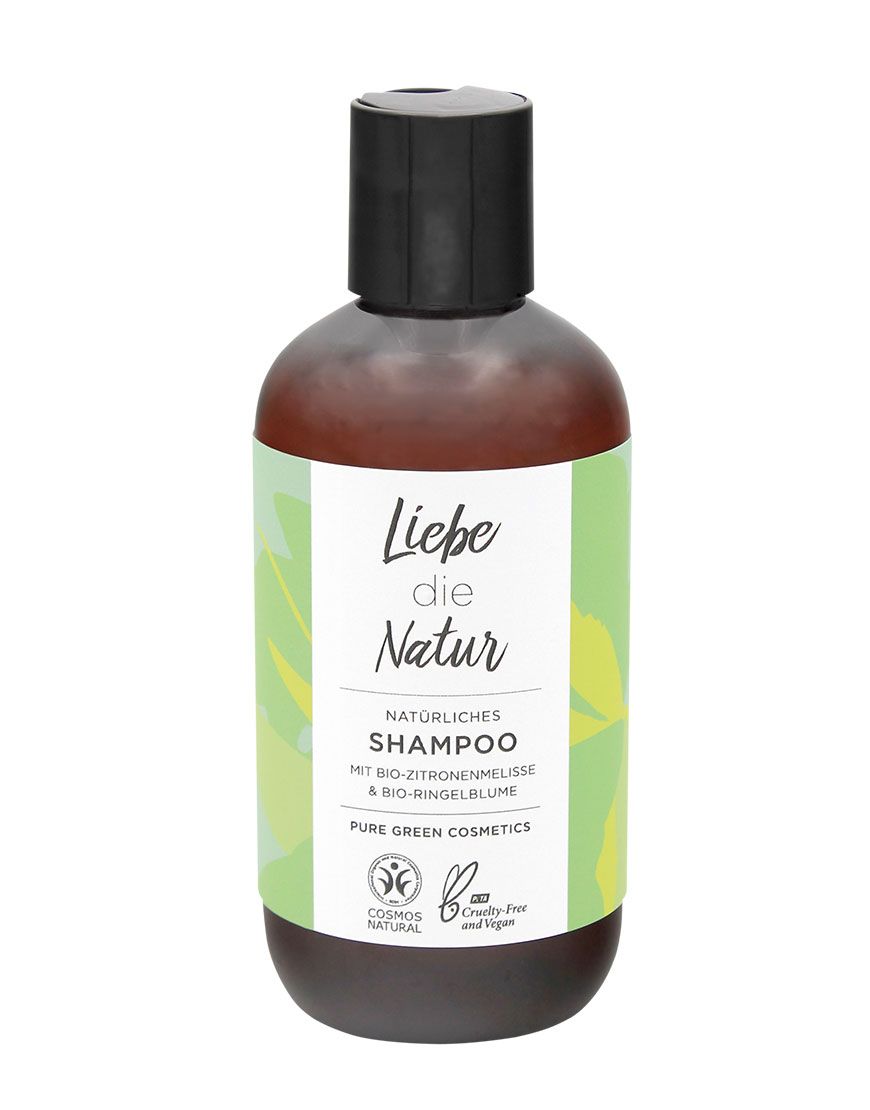 Braune Shampoo-Flasche mit schwarzem Deckel. Aufschrift: Liebe die Natur, NATÜRLICHES SHAMPOO, mit Bio-Zitronenmelisse & Bio-Ringelblume. Logos.