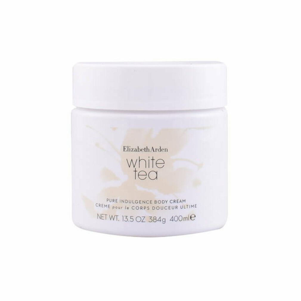 Weißer Tiegel mit Deckel. Aufschrift: Elizabeth Arden White Tea Pure Indulgence Body Cream. 13.5 OZ 384g 400ml.