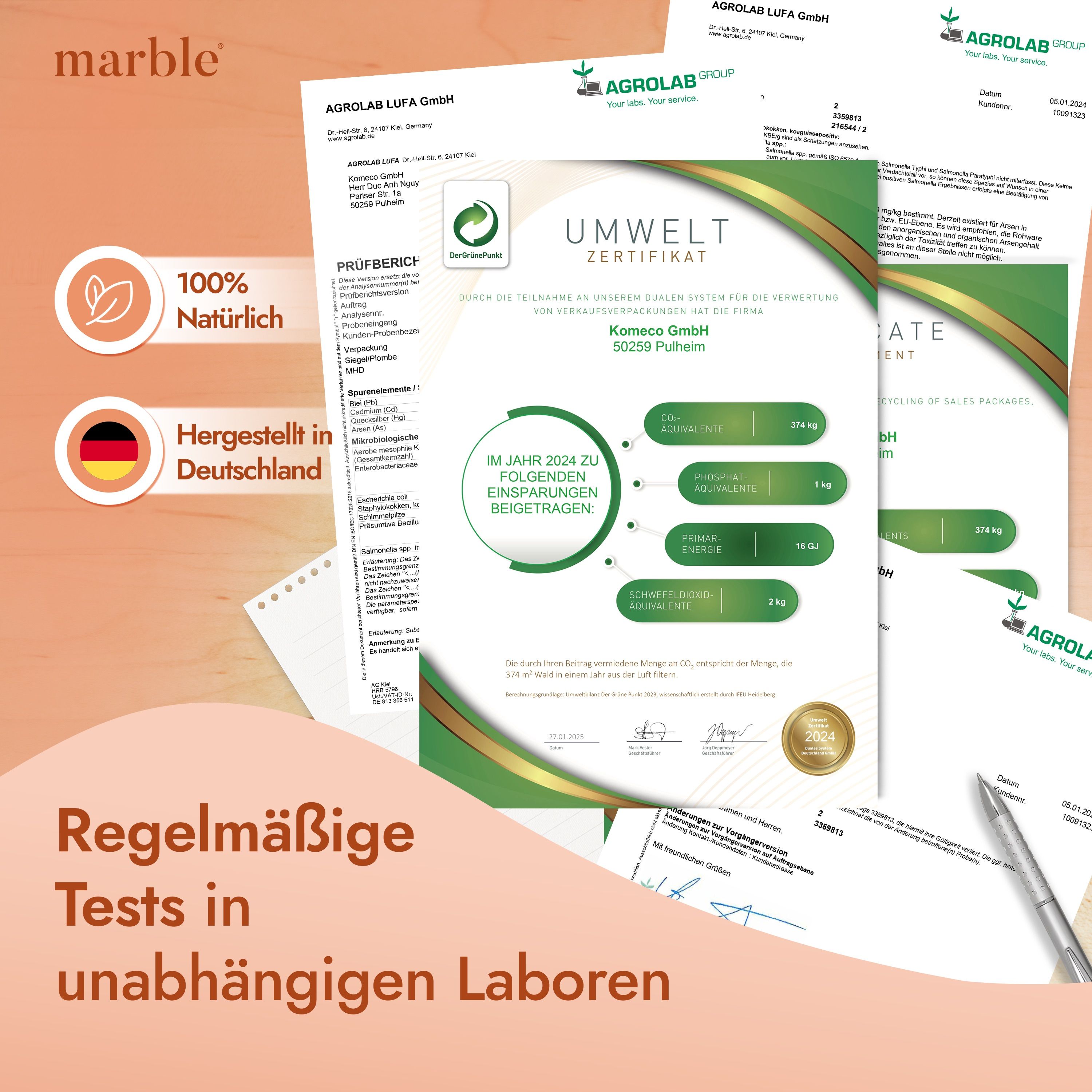 Zertifikate von Agrolab LUFA GmbH. Text: 100% Natürlich, Hergestellt in Deutschland. Umwelt Zertifikat.