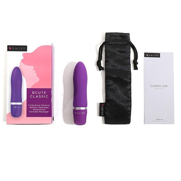 Verpackung mit Vibrator, Beutel und Broschüre. Marke B Swish und Produktname BCUTE CLASSIC.