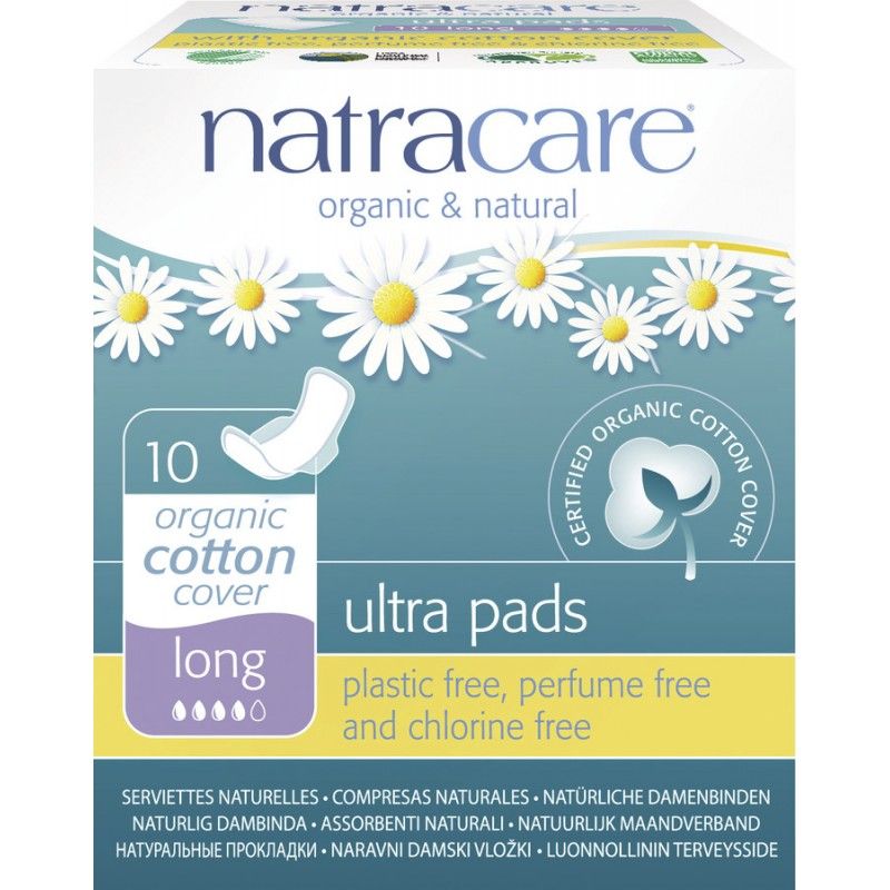 Verpackung mit Damenbinden. Aufschrift: Natracare, organic & natural, ultra pads, long, 10 organic cotton cover. Zertifiziertes Bio-Baumwoll-Cover.