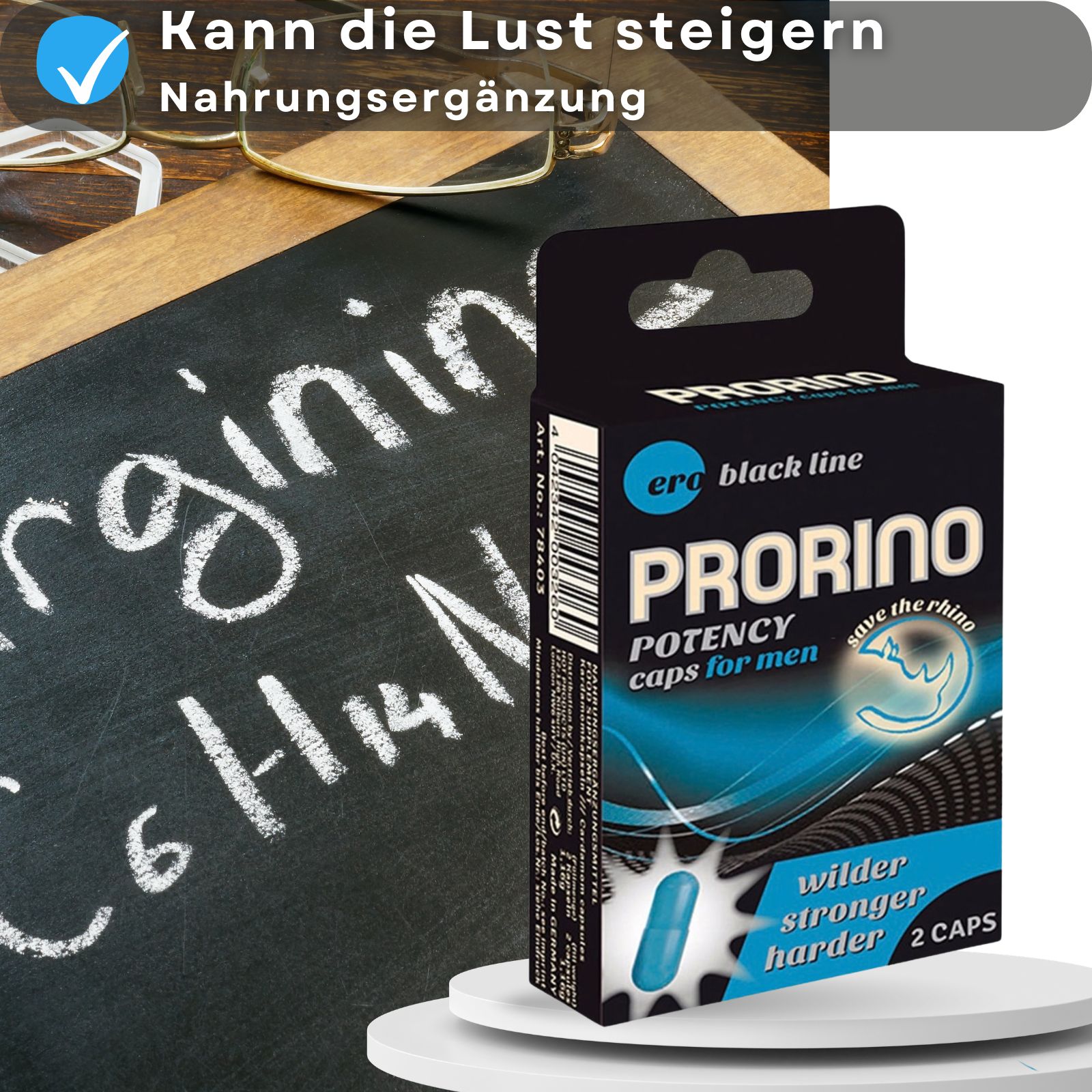 Prorino Kapseln für den Mann. Verpackung und blaue Kapseln. Text: Kann die Lust steigern. Paar im Bett.