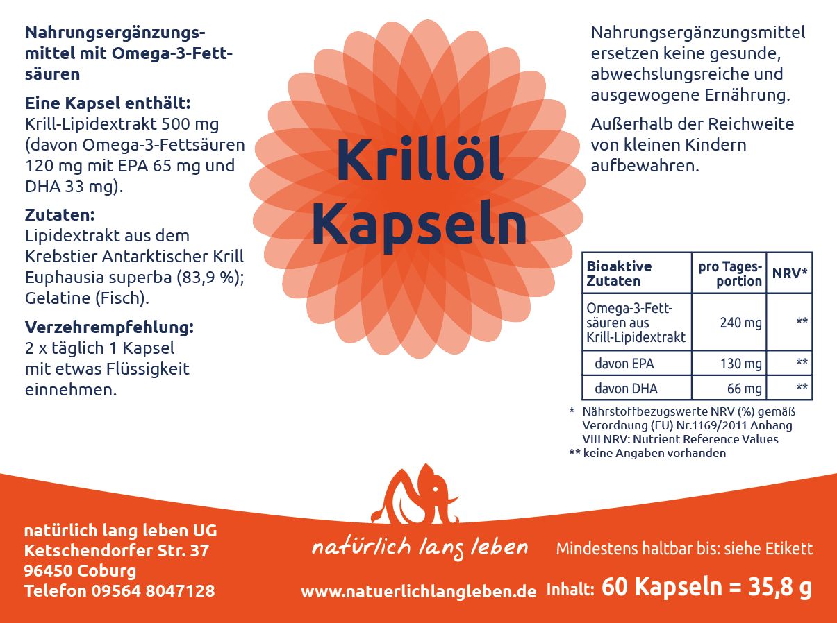 Etikett mit Produktinformationen. Krillöl Kapseln, Inhaltsstoffe, Nährwertangaben, Verzehrempfehlung, Herstelleradresse.