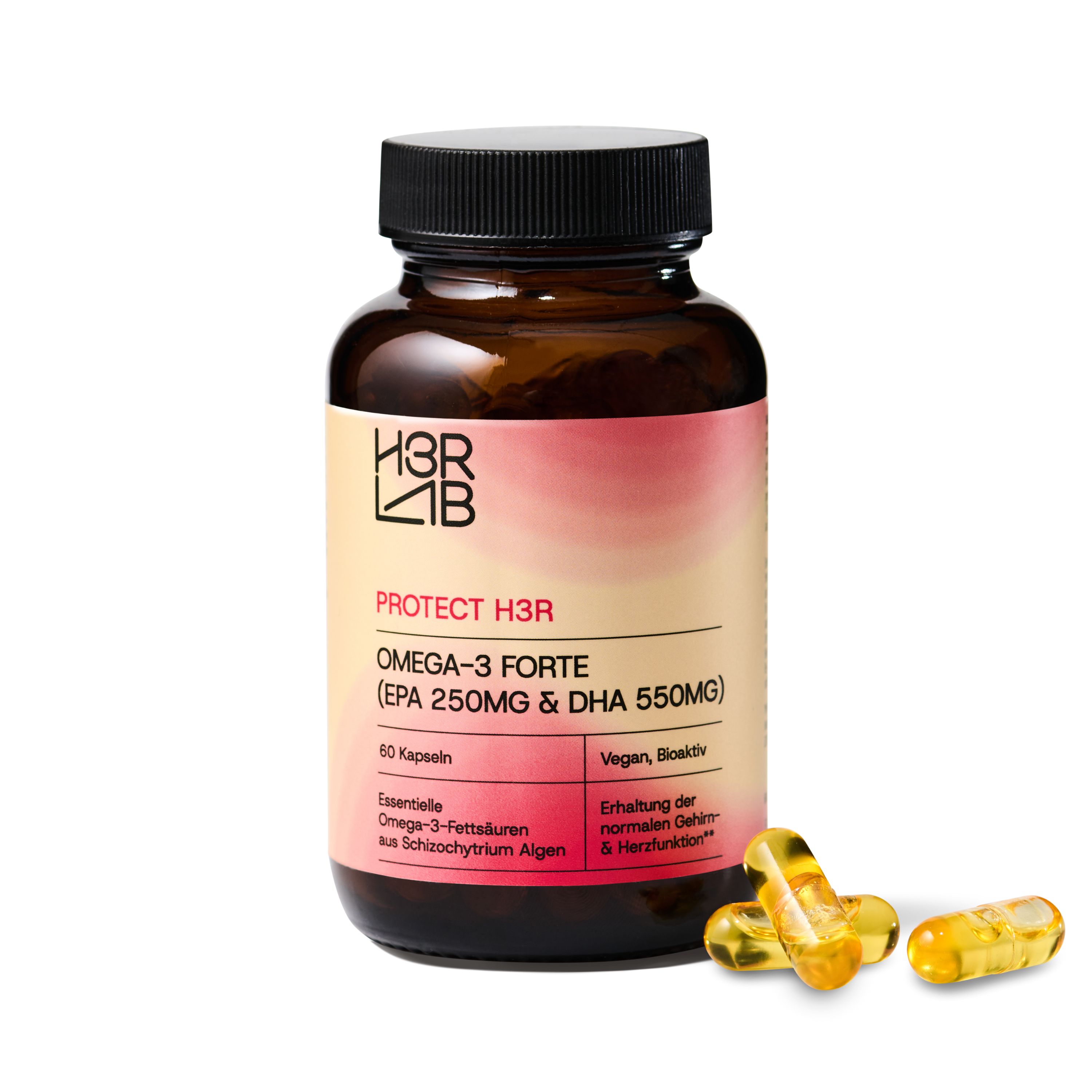 Braune Flasche mit schwarzem Deckel und gelben Kapseln daneben. Produktname: Omega-3 Forte, H3R LAB Logo. 60 Kapseln.