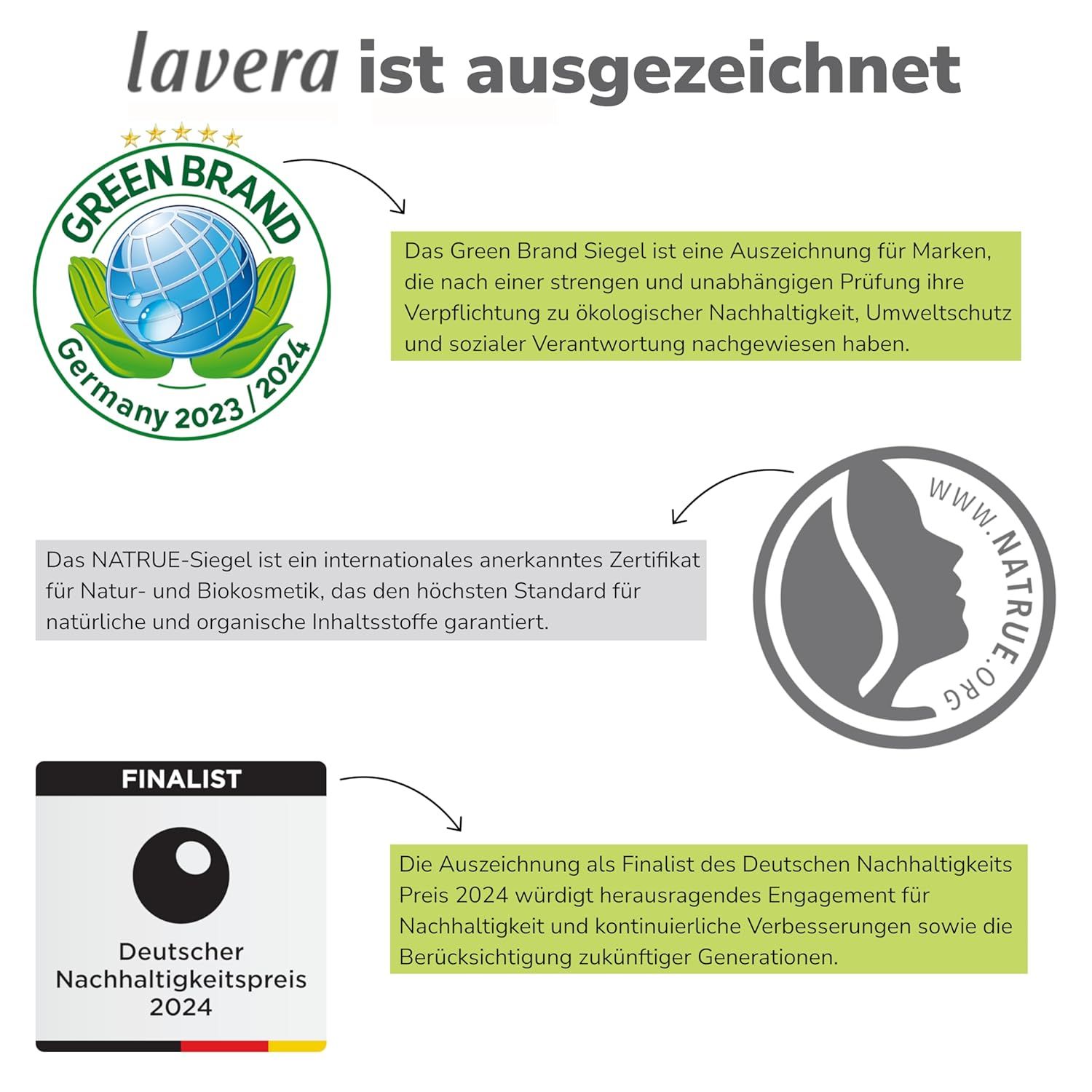 Mehrere Auszeichnungen und Logos. Green Brand Siegel, NATRUE-Siegel, Finalist Deutscher Nachhaltigkeitspreis 2024.