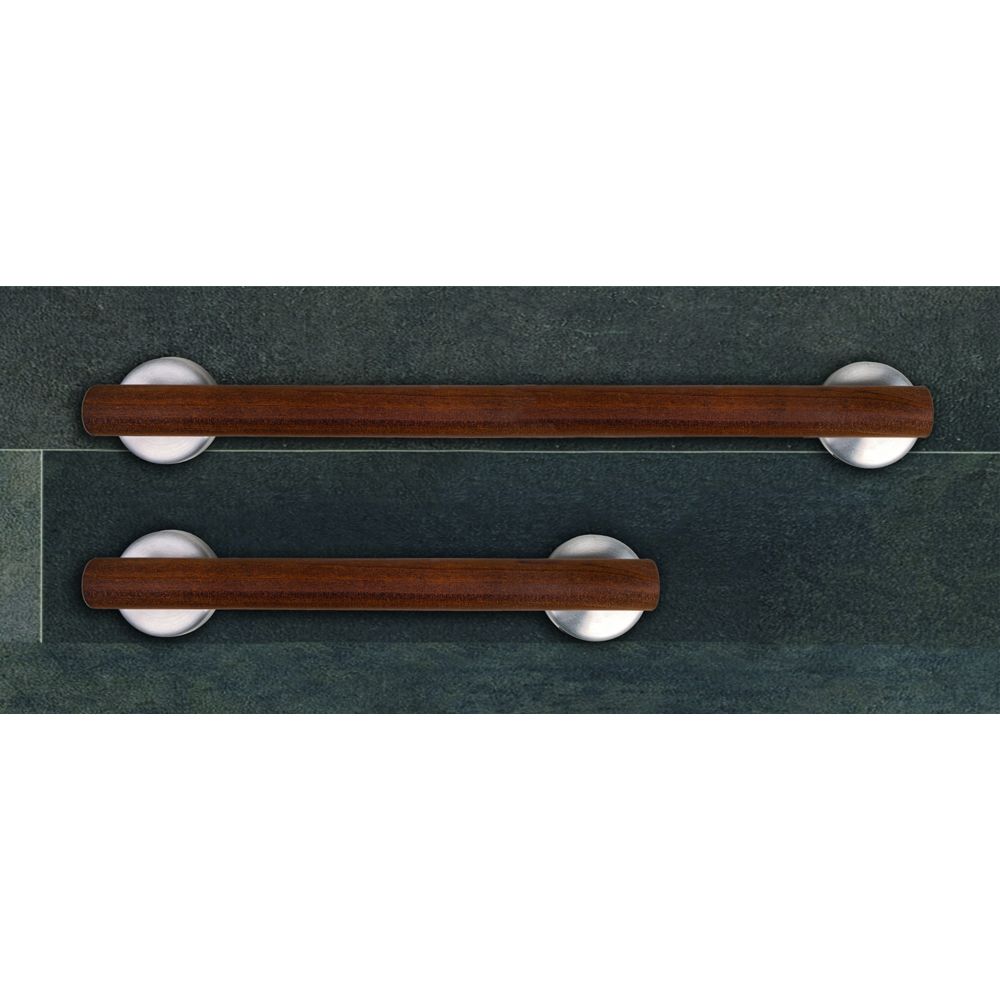 Zwei Haltegriffe mit Holzgriff und Metallhalterungen. Auf dunklem Hintergrund.