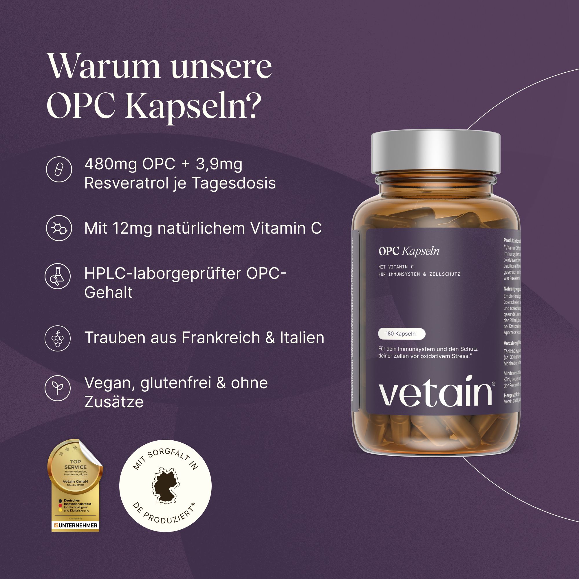 Vetain OPC Kapseln Flasche im Vergleich zu anderen Marken. Vetain ist laborgeprüft, vegan, glutenfrei.