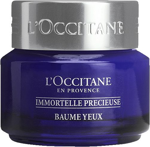 Blaues Tiegel mit silbernem Deckel. L'Occitane Immortelle Précieuse Baume Yeux.