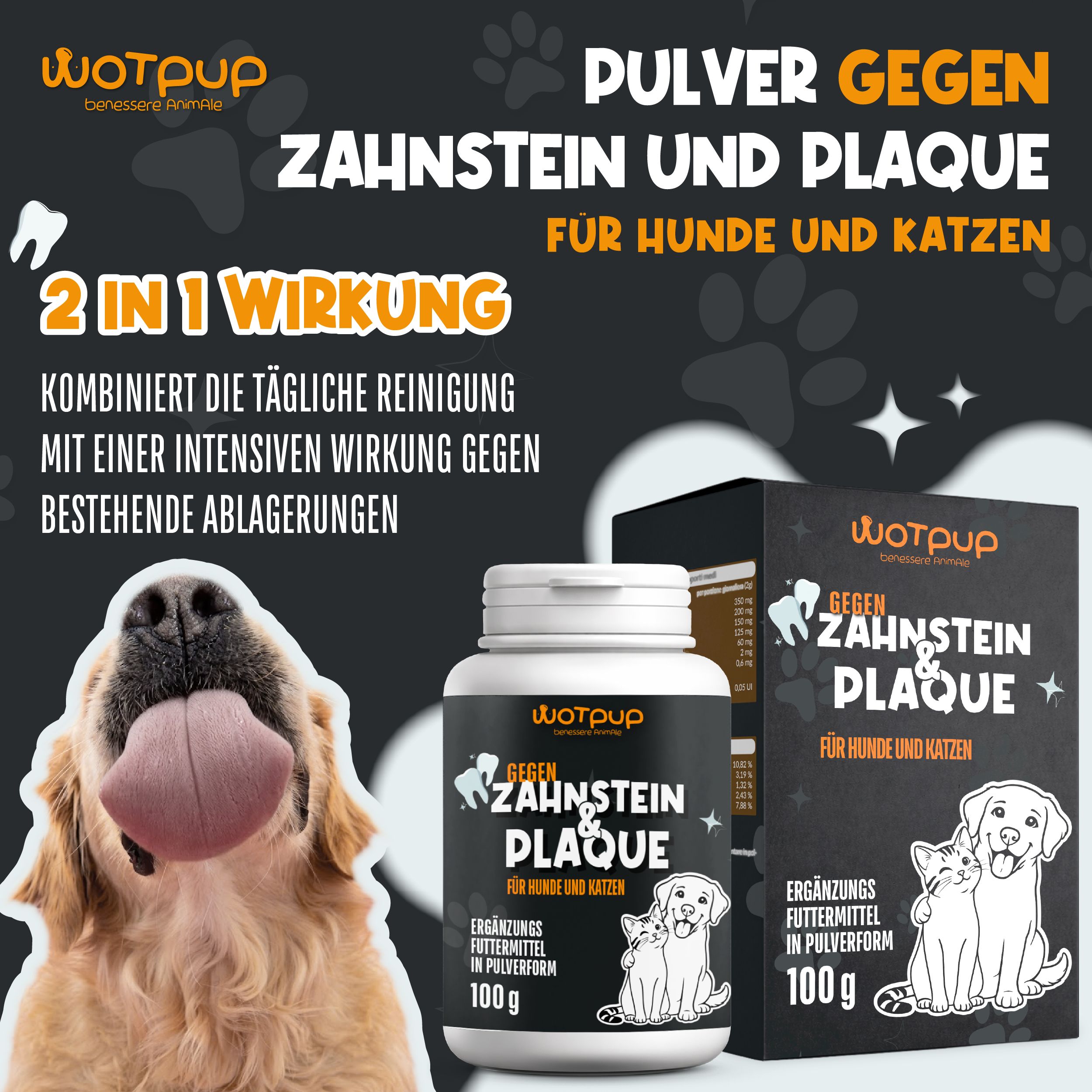 Produktbild mit Hundegesicht, Behälter und Kartonverpackung für Zahnpulver gegen Zahnstein.
