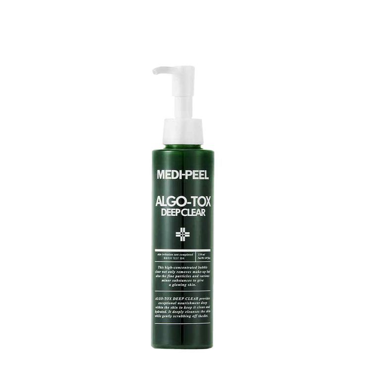 Grüne Flasche mit weißem Pumpkopf. Aufschrift: MEDI-PEEL ALGO-TOX DEEP CLEAR. Text und Logo.