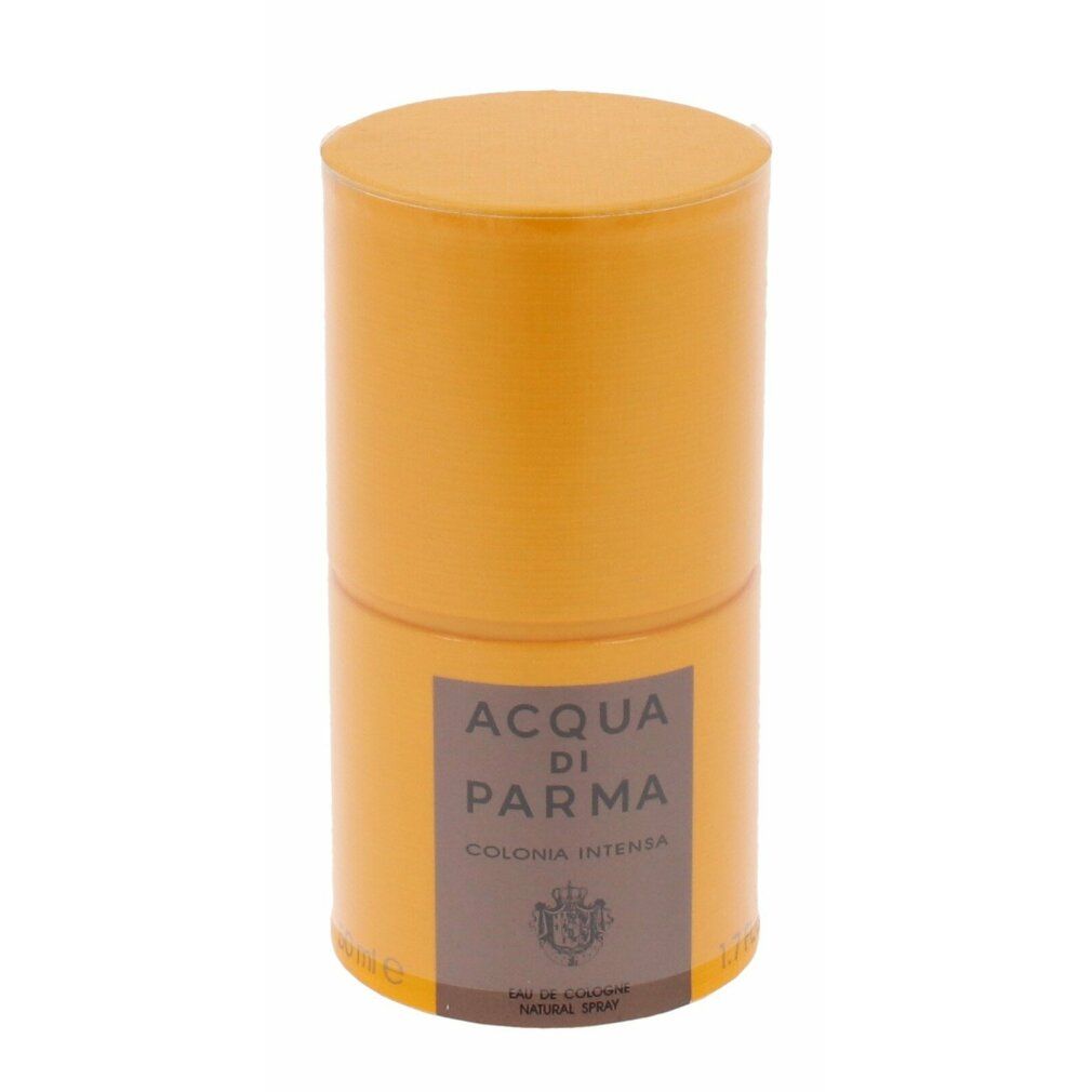 Zylindrische, orangefarbene Verpackung. Auf dem Etikett steht ACQUA DI PARMA COLONIA INTENSA.