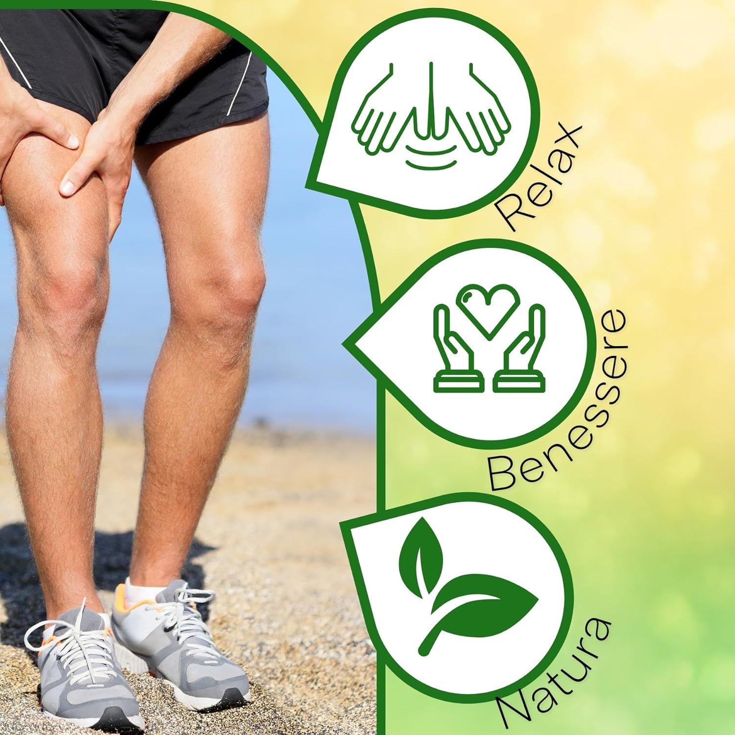 Beine eines Mannes am Strand. Icons: Entspannung, Wohlbefinden, Natur. Mann berührt Oberschenkel. Hintergrund: Strand und Meer.