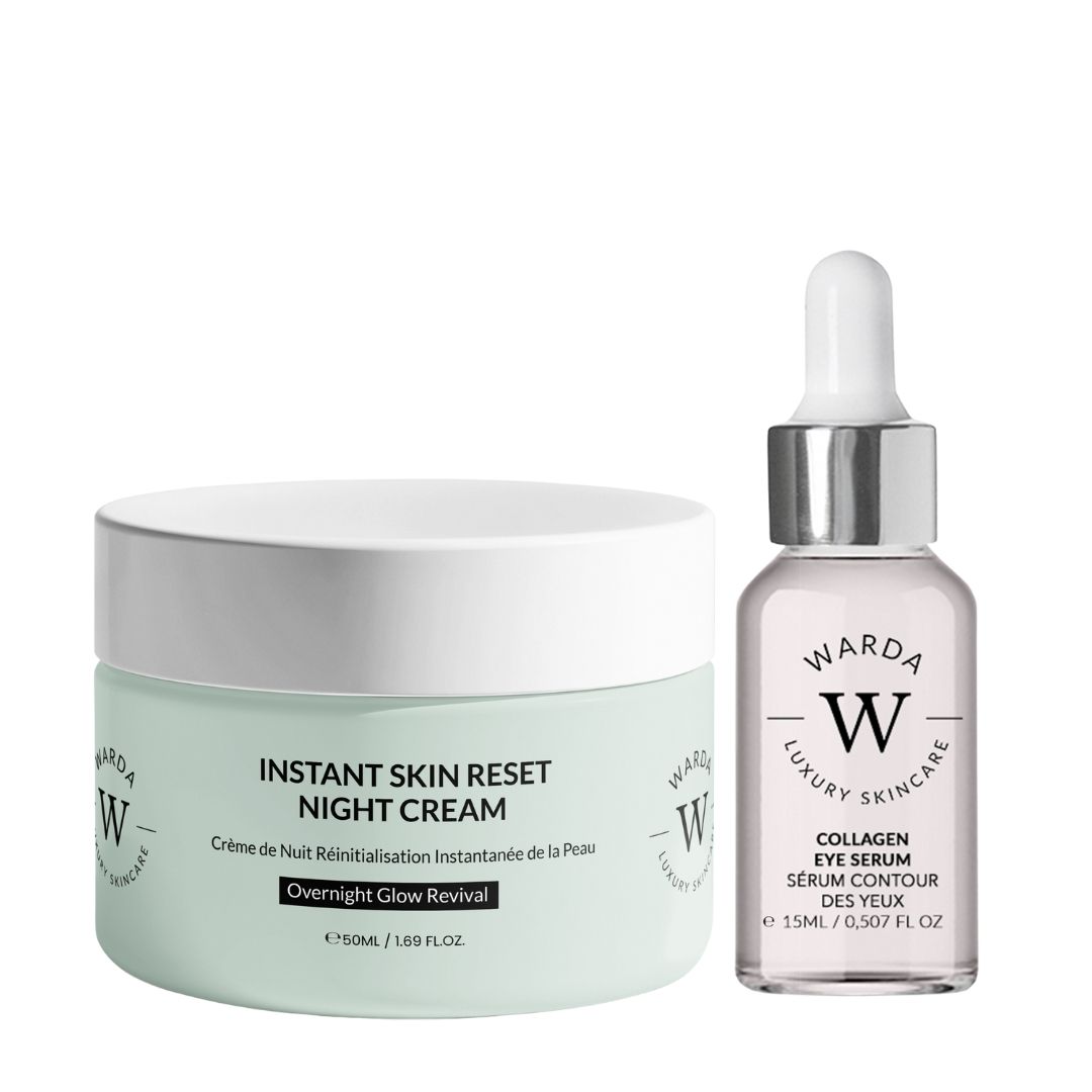 Creme- und Serumflasche. Aufschrift: Warda Luxury Skincare. Text: Instant Skin Reset Night Cream, Collagen Eye Serum.