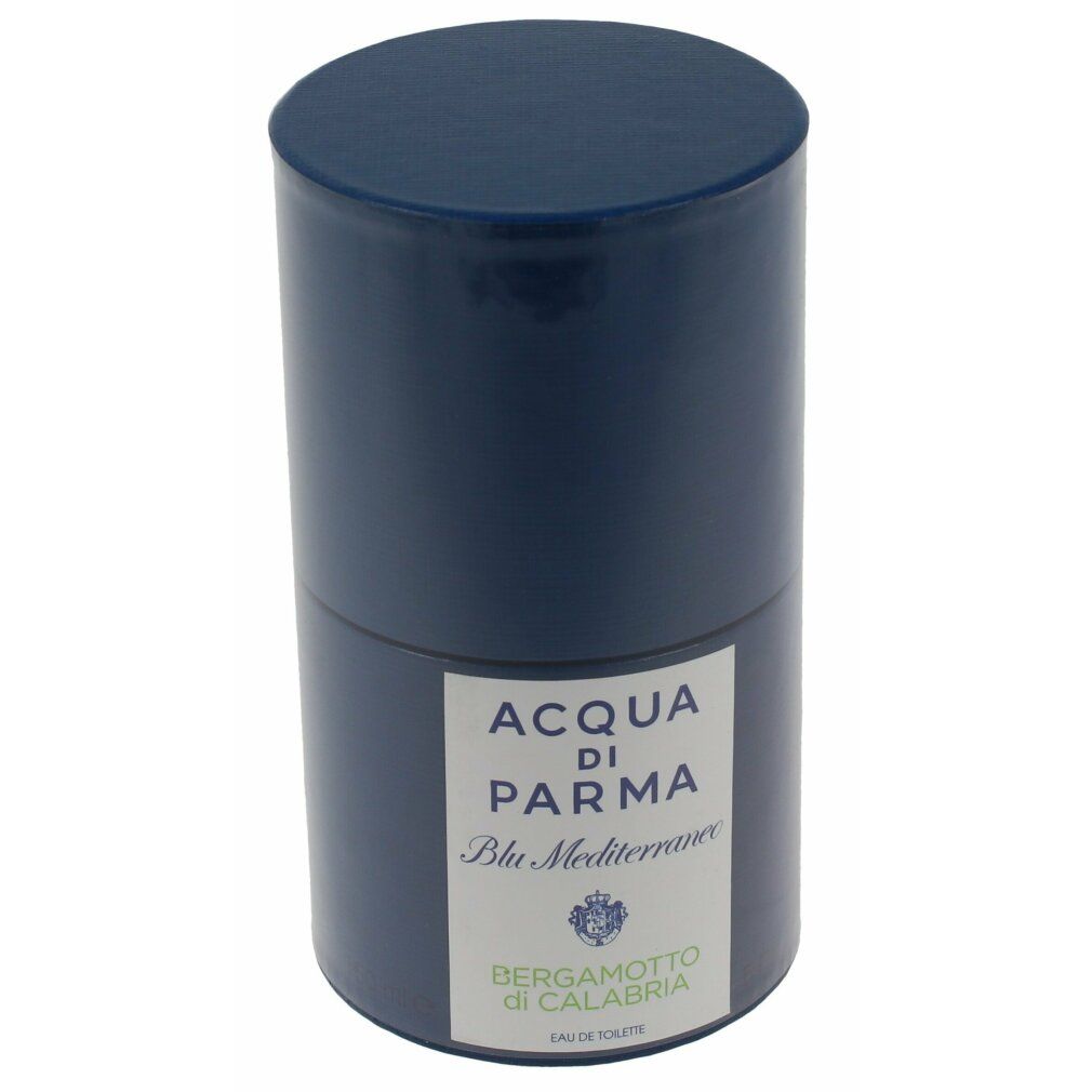 Zylindrische blaue Verpackung. Aufschrift: Acqua Di Parma Blu Mediterraneo Bergamotto di Calabria.