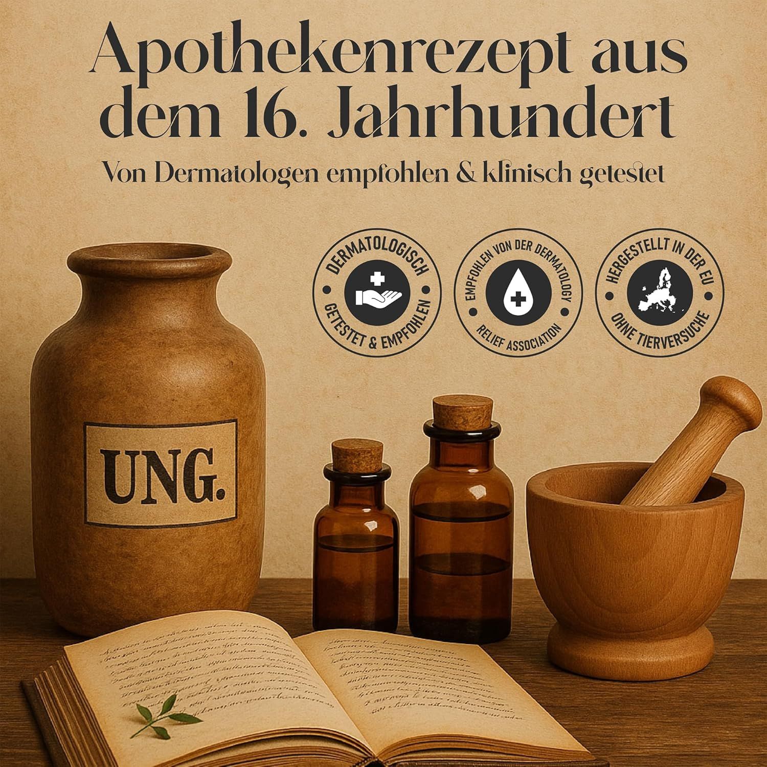 Altes Apothekenrezept. Braunfarbene Flaschen, Mörser, offenes Buch. Text: 'Von Dermatologen empfohlen & klinisch getestet'.