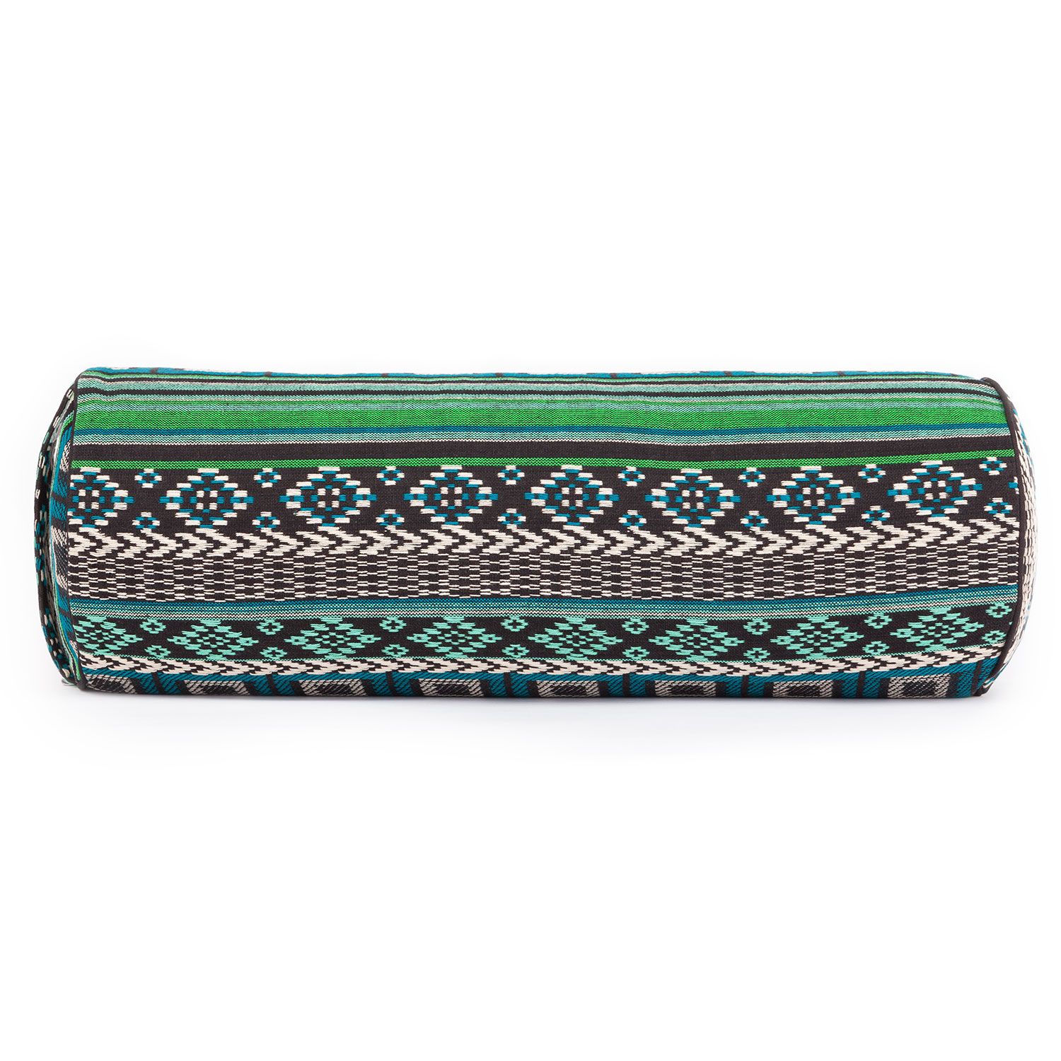 bodhi ETHNO Collection: Yoga-Bolster (rund), Jacquard-Webstoff, schwarz-weiß-grün gem., Dinkelhülsen