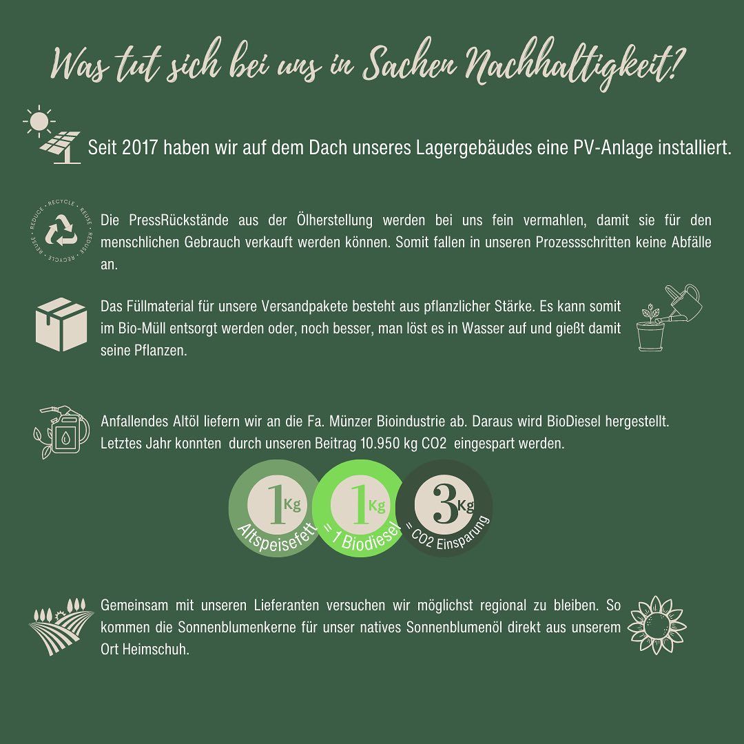 Infografik zur Nachhaltigkeit. Text und Icons über Solarenergie, Verpackung, Biodiesel und regionale Lieferanten.