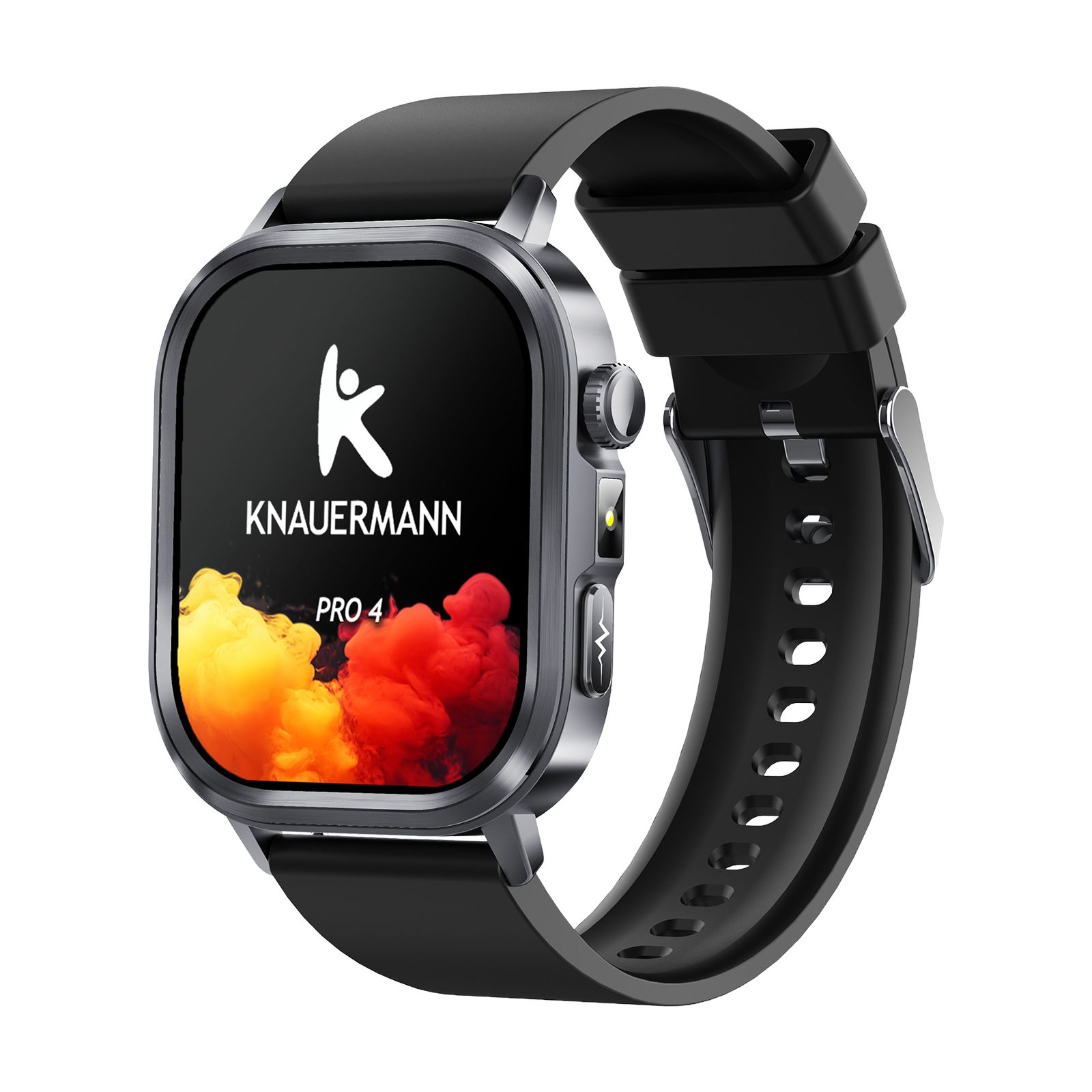 Smartwatch mit schwarzem Armband. Display mit Logo und PRO 4 Schriftzug. Gehäuse aus Metall. Seitliche Knöpfe.