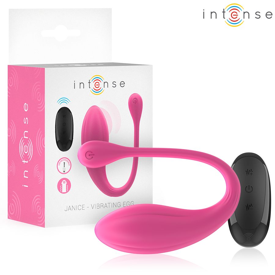 Rosa Vibrator mit Fernbedienung und Verpackung. Auf der Verpackung steht "Intense" und "Janice - Vibrating Egg".