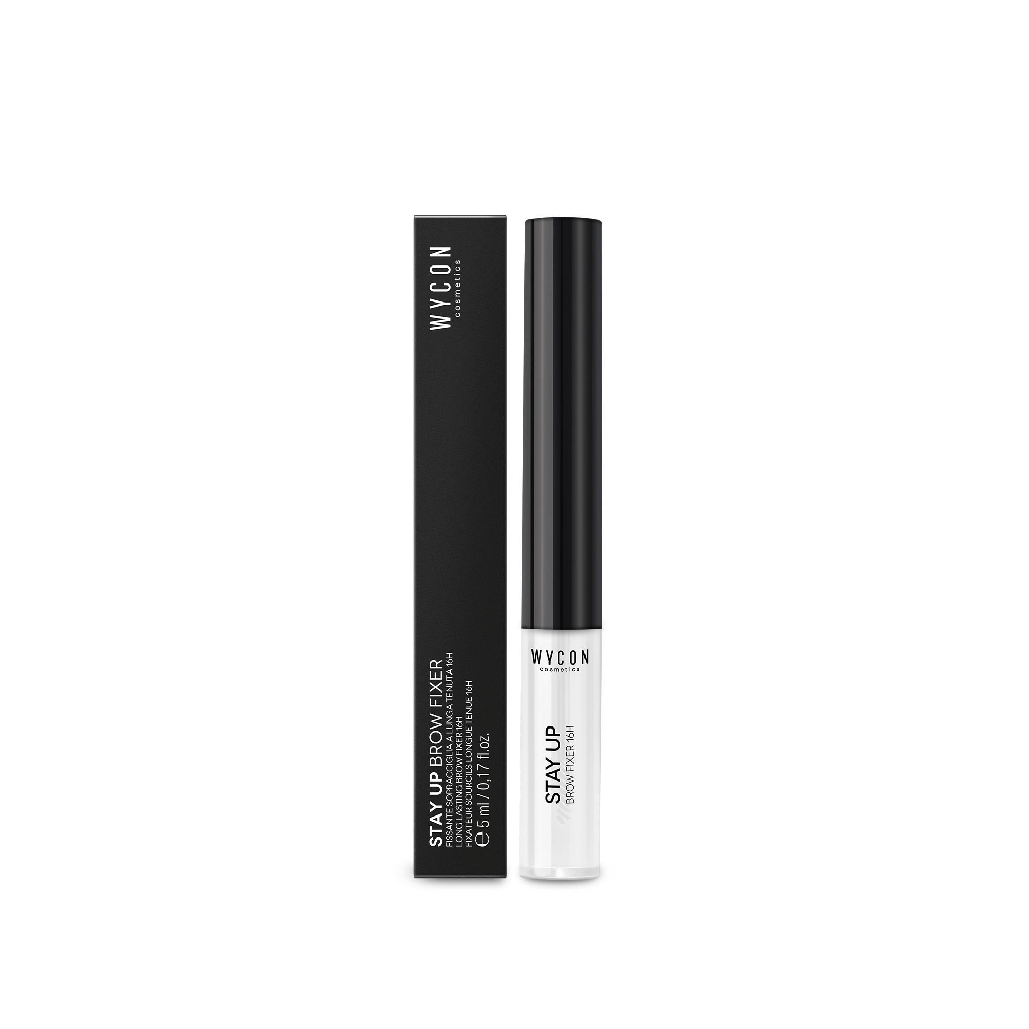 WYCON Cosmetics Stay Up Brow Fixer. Confezione nera e tubetto trasparente con tappo nero. Nome del prodotto e marchio visibili.