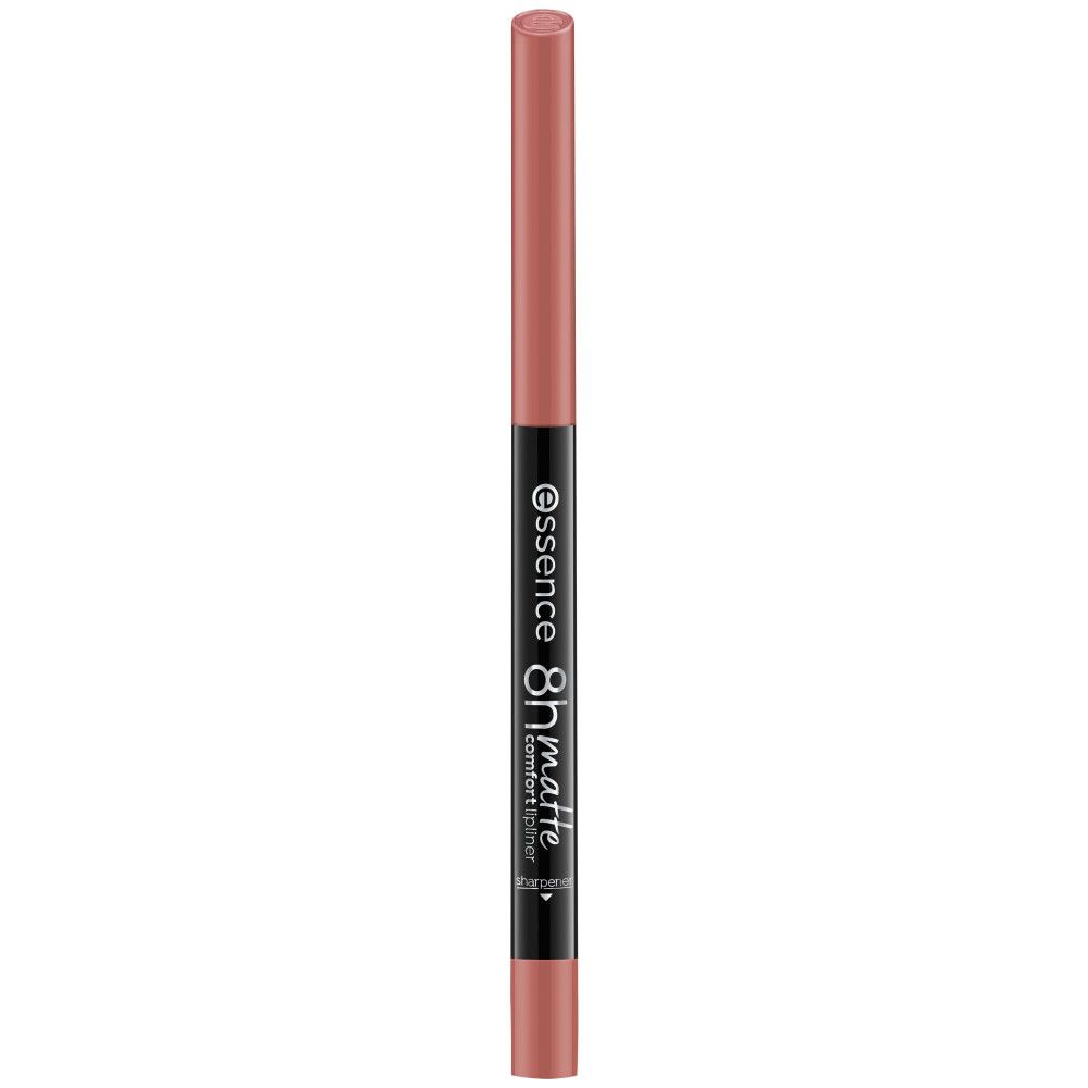 Lippenstiftstift, rosa. Schwarzer Mittelteil mit "essence 8h matte comfort lip liner"-Schriftzug. Beide Enden zeigen die Farbe.