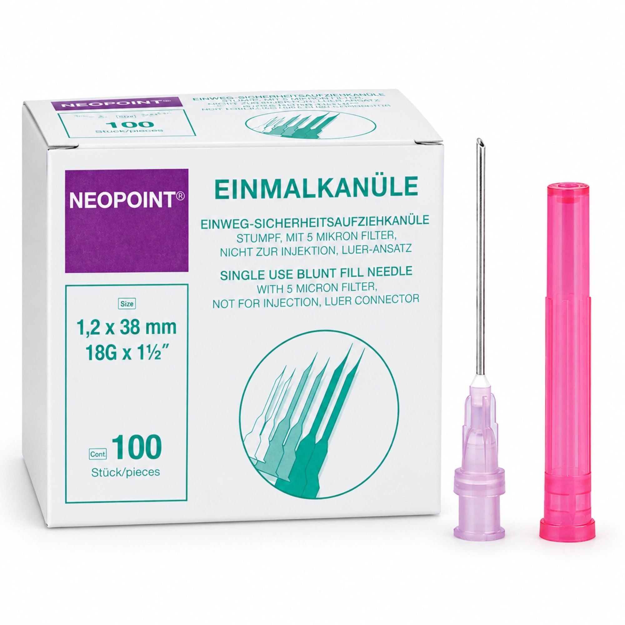 Neopoint Einweg-Sicherheitsaufziehkanüle 18G 1,2 x 38 mm mit Filter