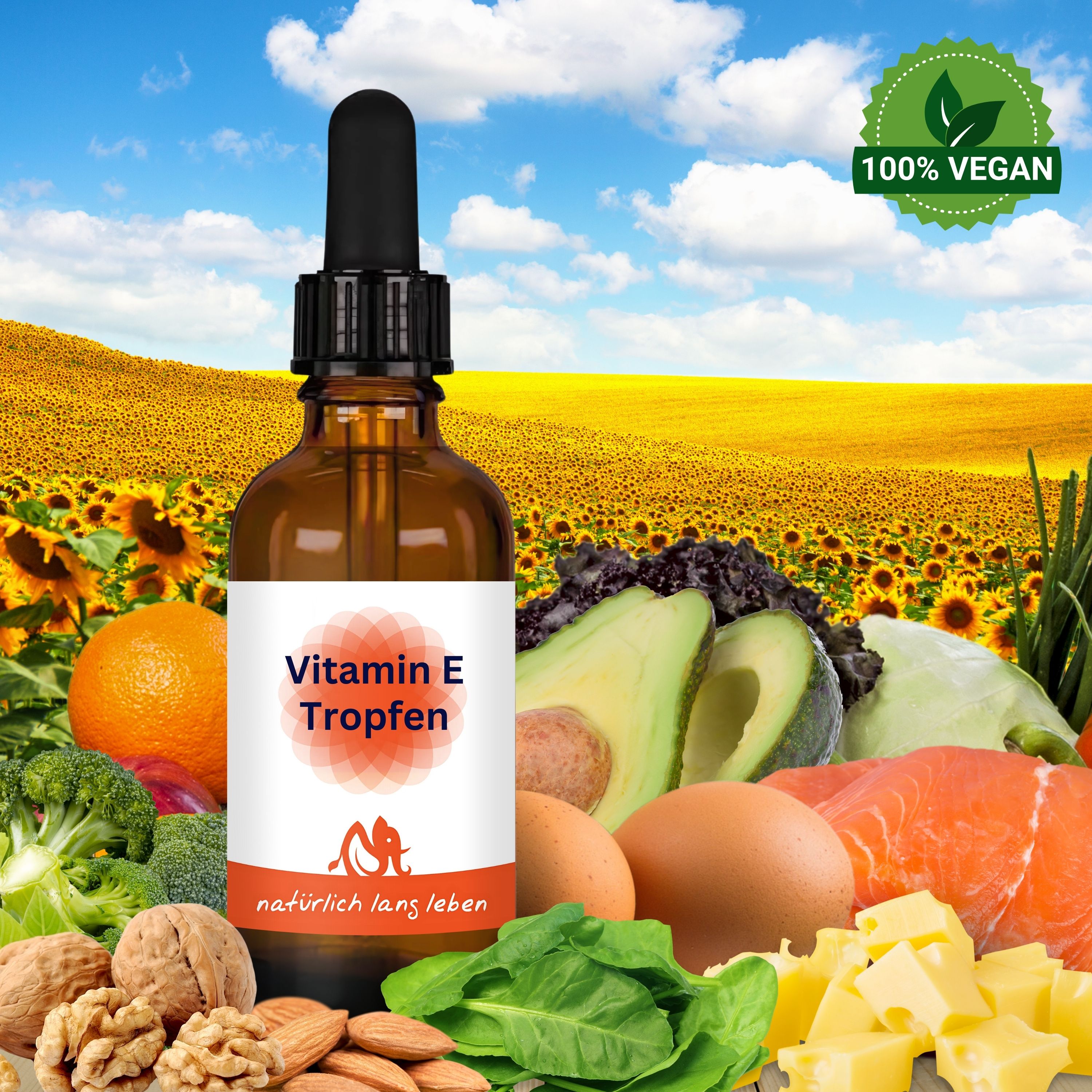 Braune Glasflasche mit Tropfer, "Vitamin E Tropfen" Etikett. Umgeben von Obst, Gemüse und Nüssen. 100% Vegan Siegel.