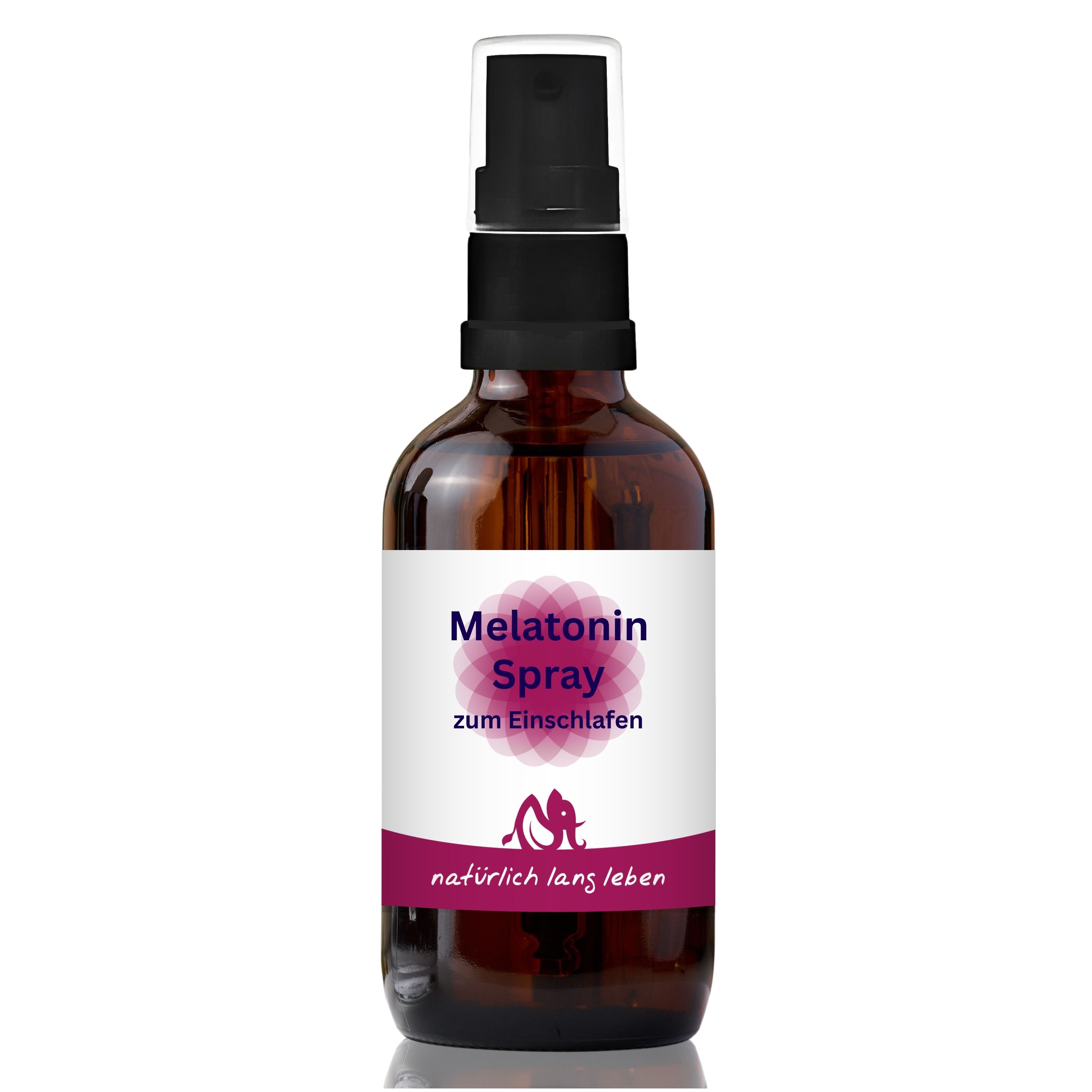 Braune Glasflasche mit schwarzem Sprühkopf. Etikett mit "Melatonin Spray zum Einschlafen" und Logo.