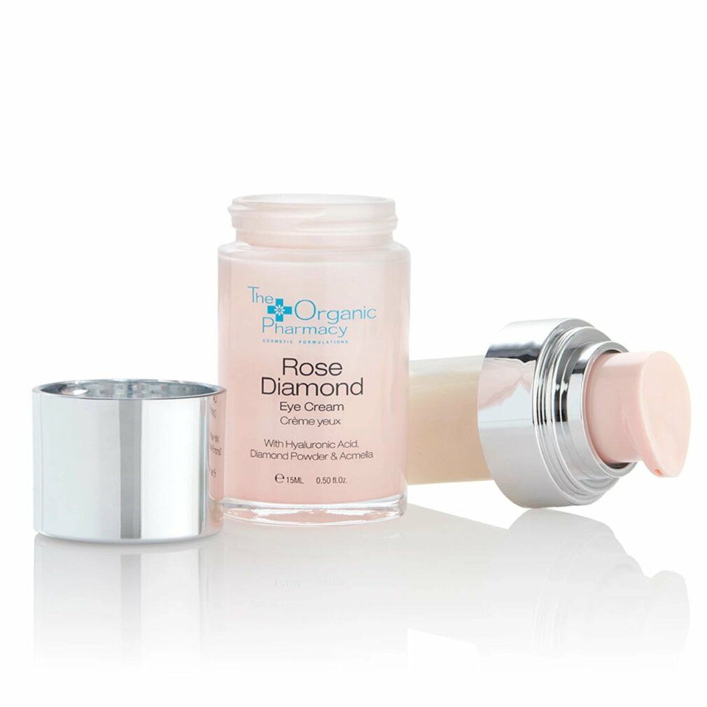 Geöffnete Augencreme-Flasche. Aufschrift: Rose Diamond Eye Cream. Marke: The Organic Pharmacy. Mit silbernem Deckel.
