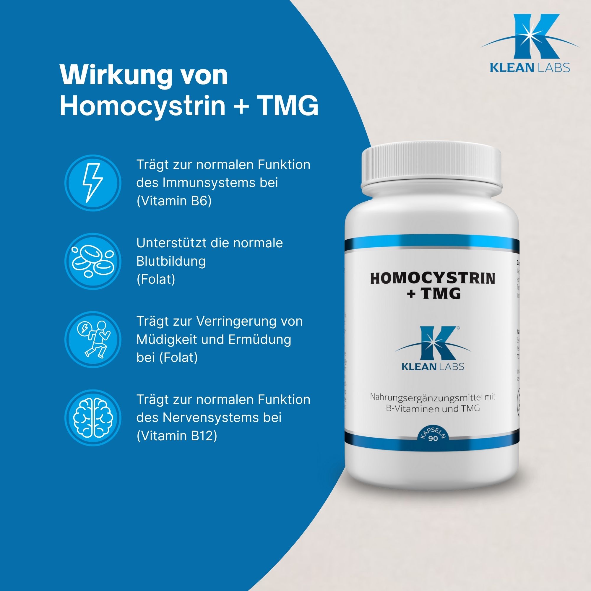 Grafik mit Flasche. Wirkung von Homocystrin + TMG. Vorteile: Immunsystem, Blutbildung, Müdigkeit, Nervensystem.