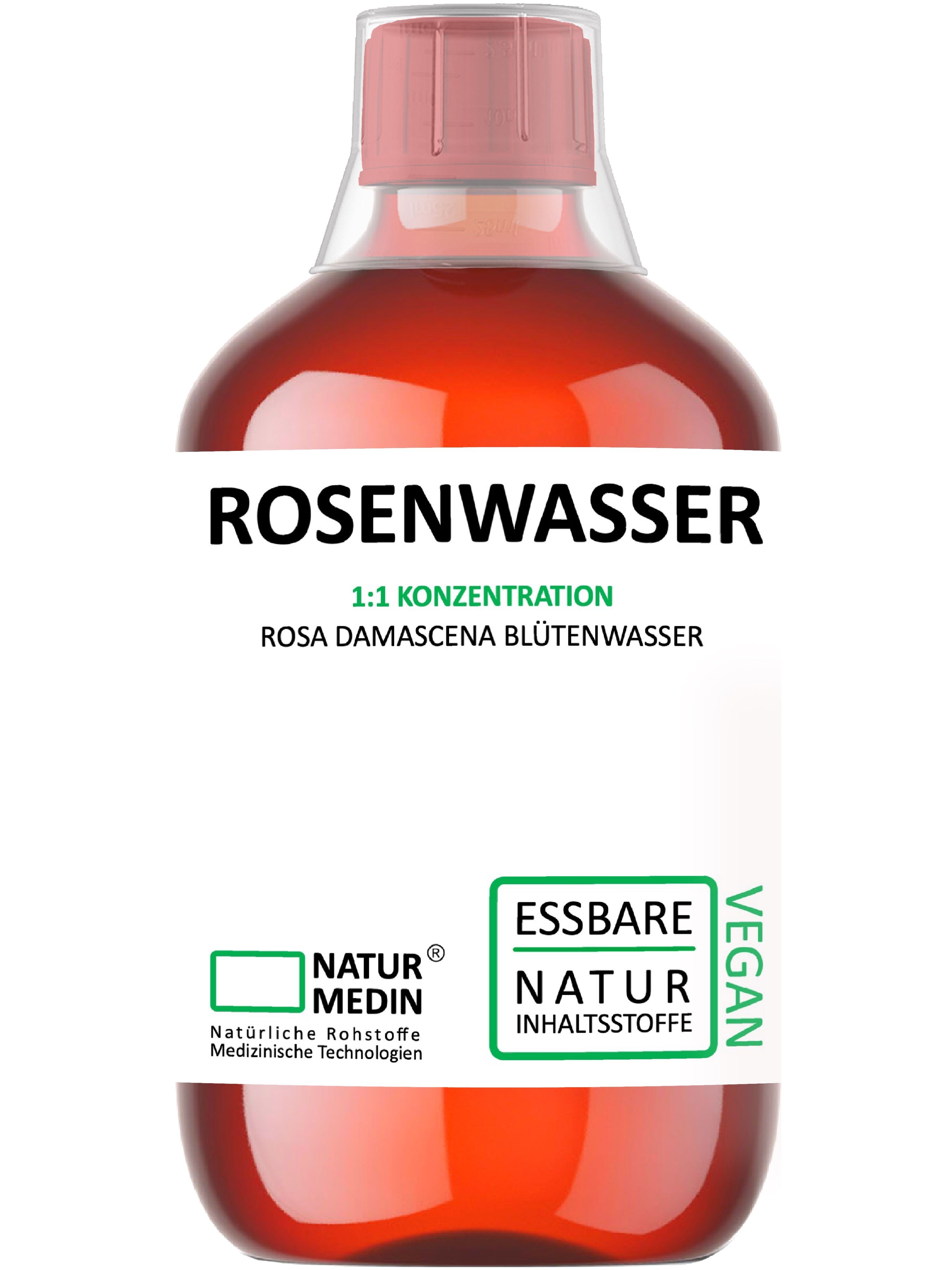 Rote Flüssigkeit in einer Flasche mit rosa Verschluss. Beschriftung: ROSENWASSER, 1:1 Konzentration, NATURMEDIN, VEGAN.
