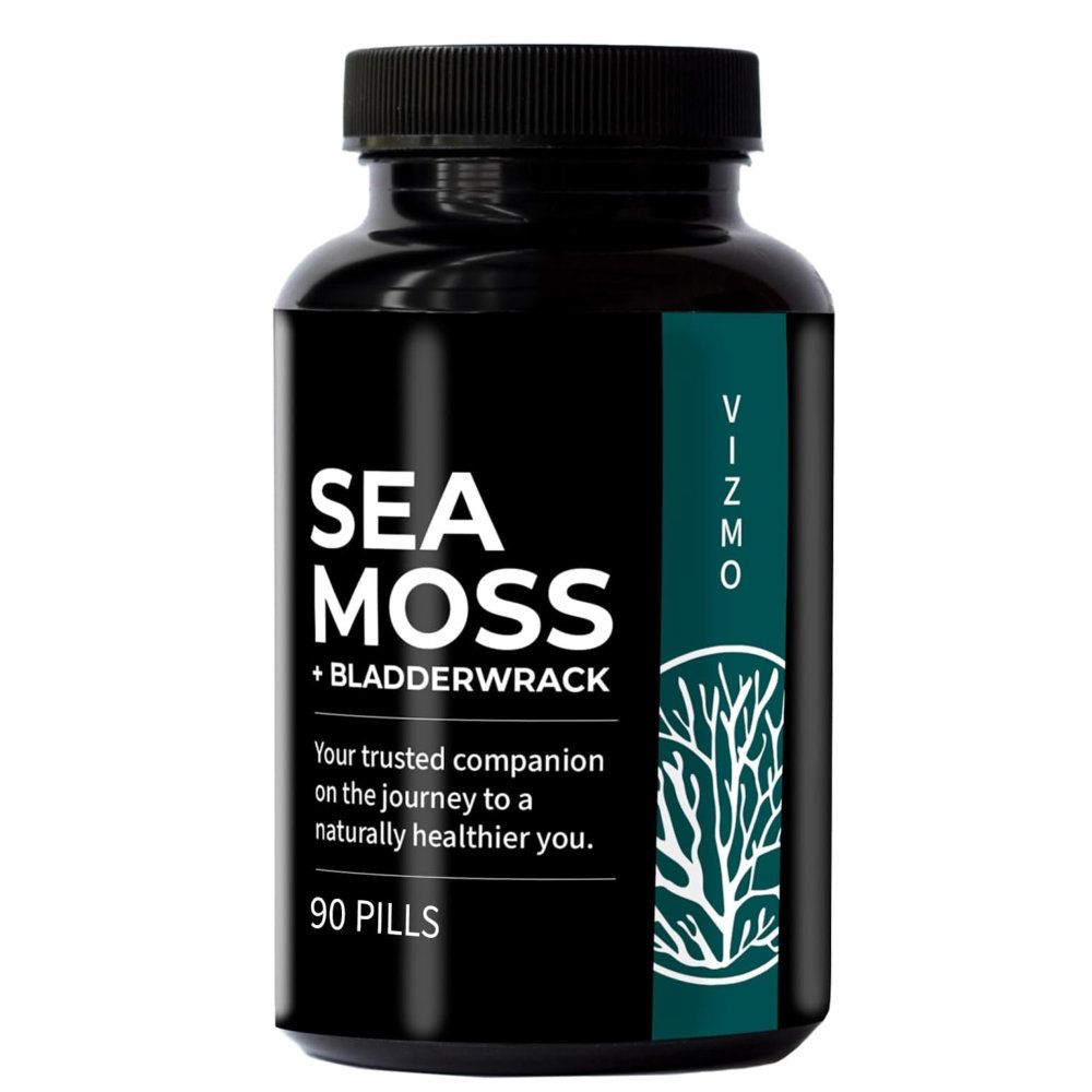 Schwarze Flasche mit Kapseln. Aufschrift: Sea Moss + Bladderwrack, 90 Pills. Vizmo-Logo und Baum-Grafik.