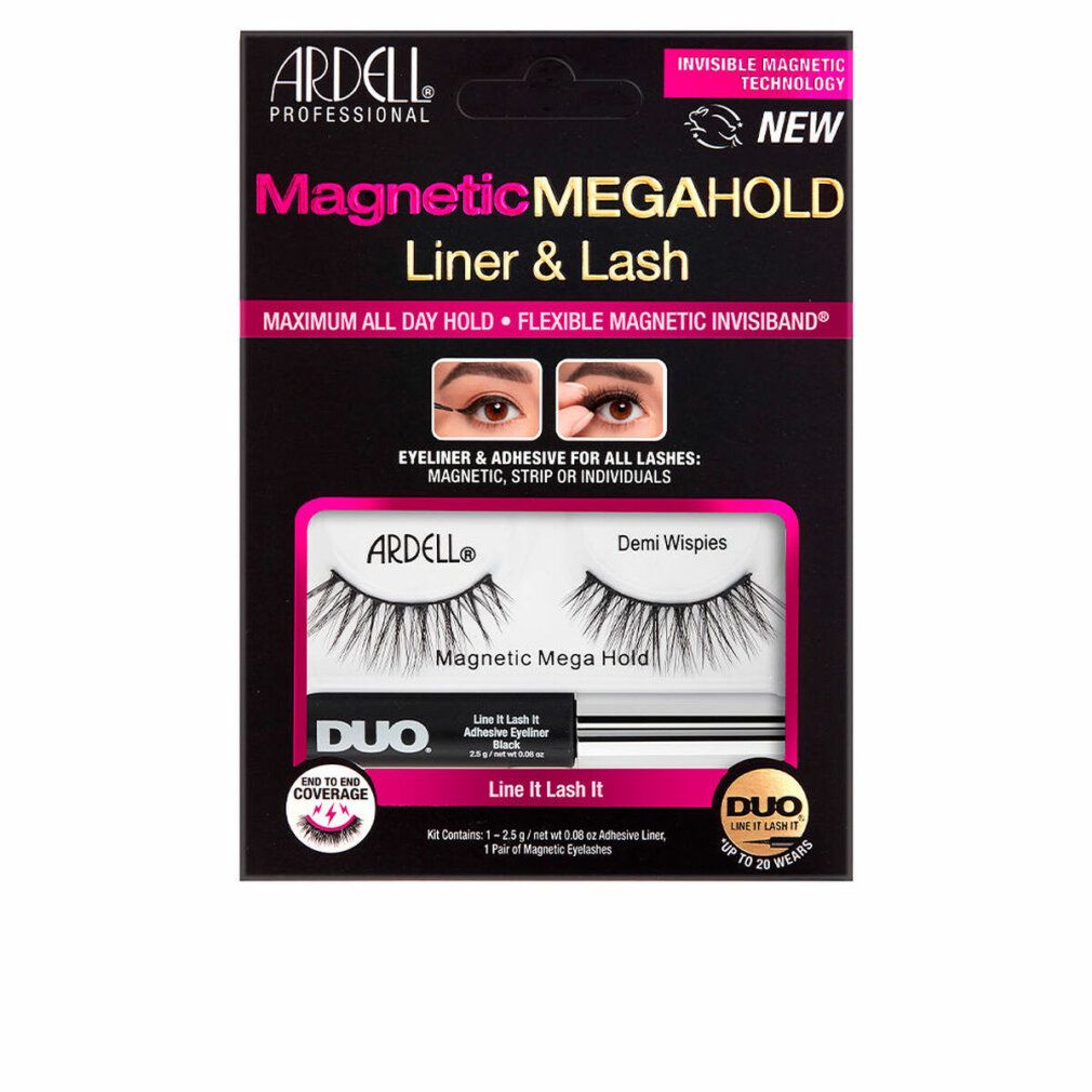 Ardell Magnetic MegaHold Liner & Lash. Schwarze Verpackung mit Wimpern und Eyeliner. Text: Magnetic MegaHold, Demi Wispies, DUO.