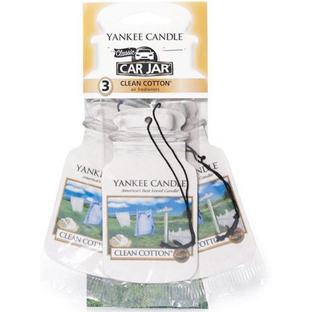 Drei Yankee Candle Lufterfrischer im Set. Aufschrift: Clean Cotton. Verpackung mit Aufhängung.