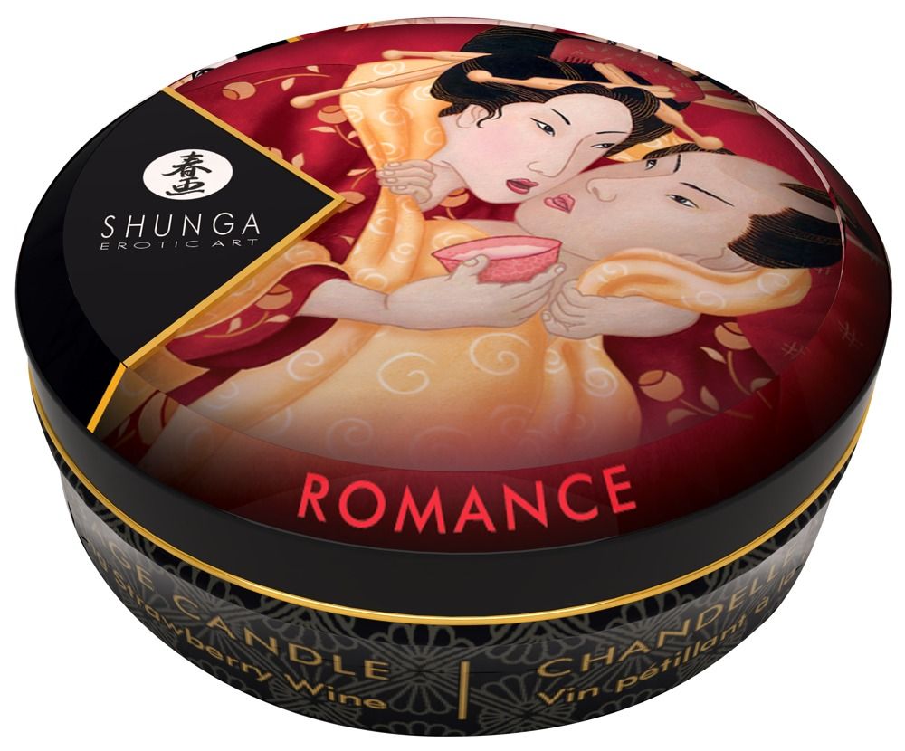 Runde, schwarze Massagekerze mit Deckel. Auf dem Deckel ist ein erotisches Kunstmotiv abgebildet. Auf dem Deckel steht "ROMANCE".