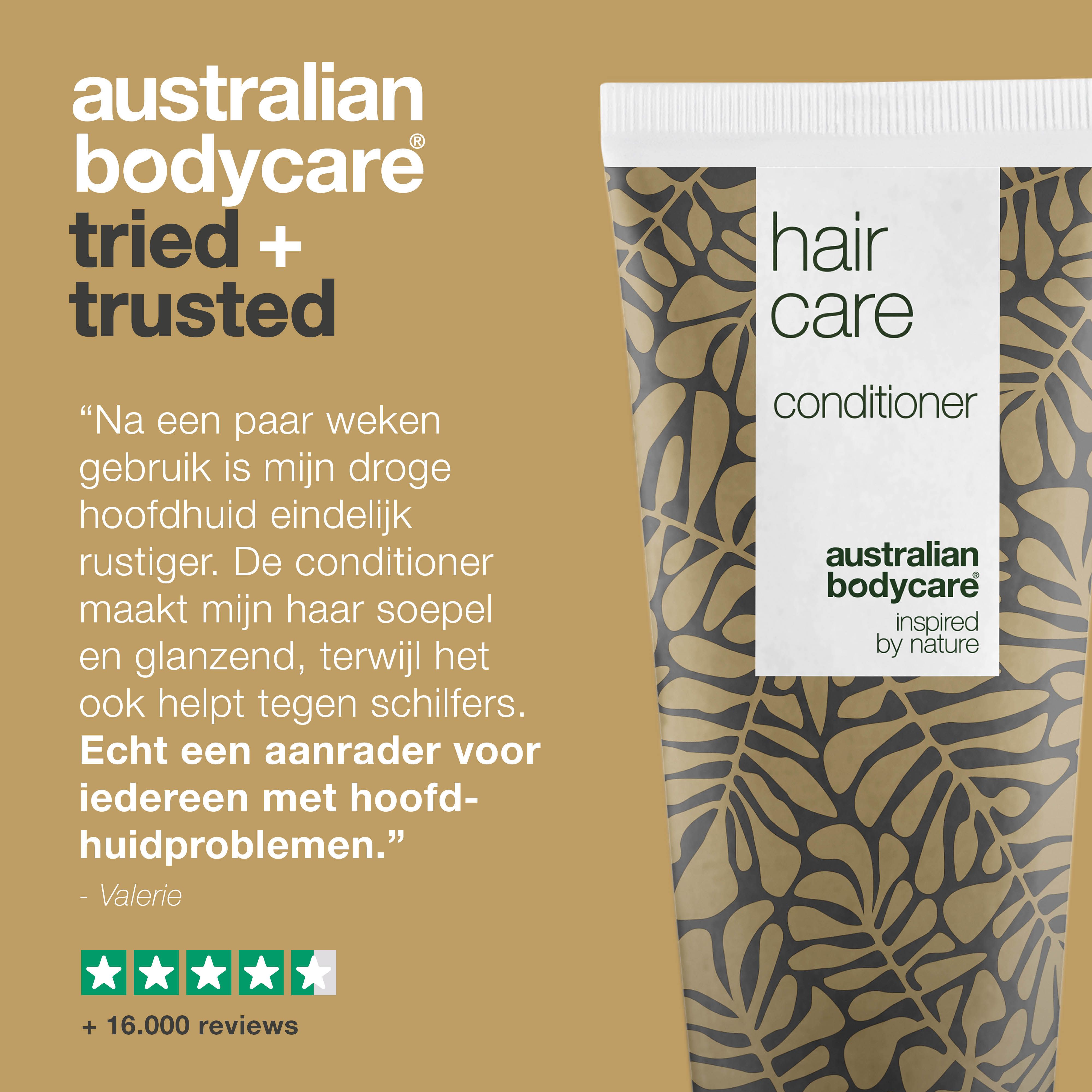 Tekst en citaat. Opschrift: Hair Care, Conditioner, Australian Bodycare. Citaat: Na een paar weken gebruik is mijn droge hoofdhuid rustiger.