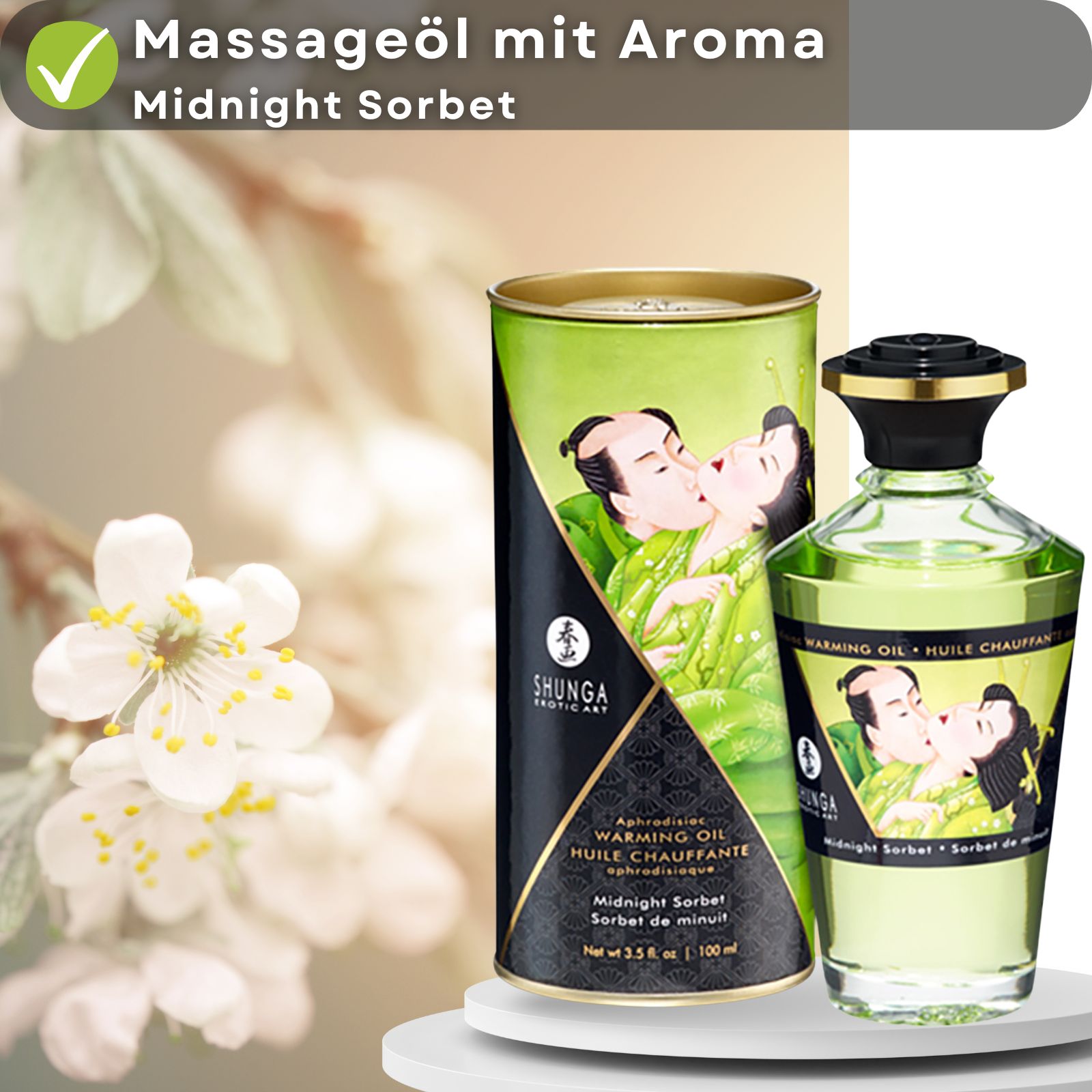 Produkt mit Dose und Flasche. Text: Massageöl mit Aroma Midnight Sorbet. Abbildung eines küssenden Paares auf Dose und Flasche.