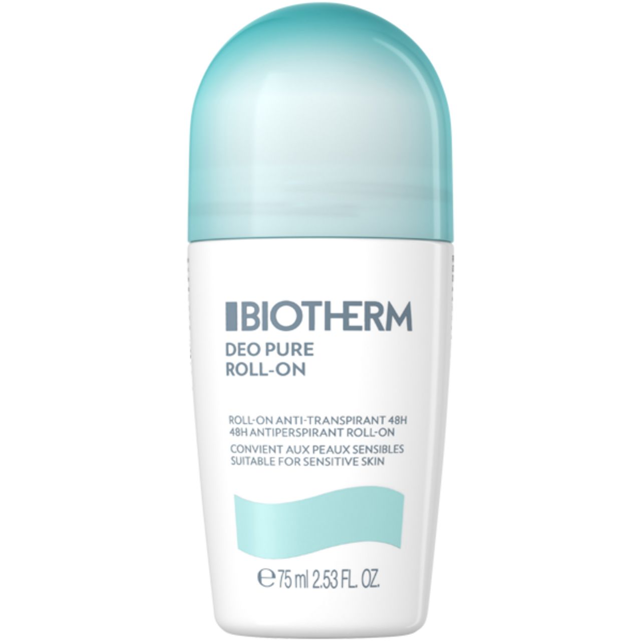 Deo Pure Roll-On von BIOTHERM. Weißer Behälter mit blauem Deckel. Enthält Text. 75 ml.