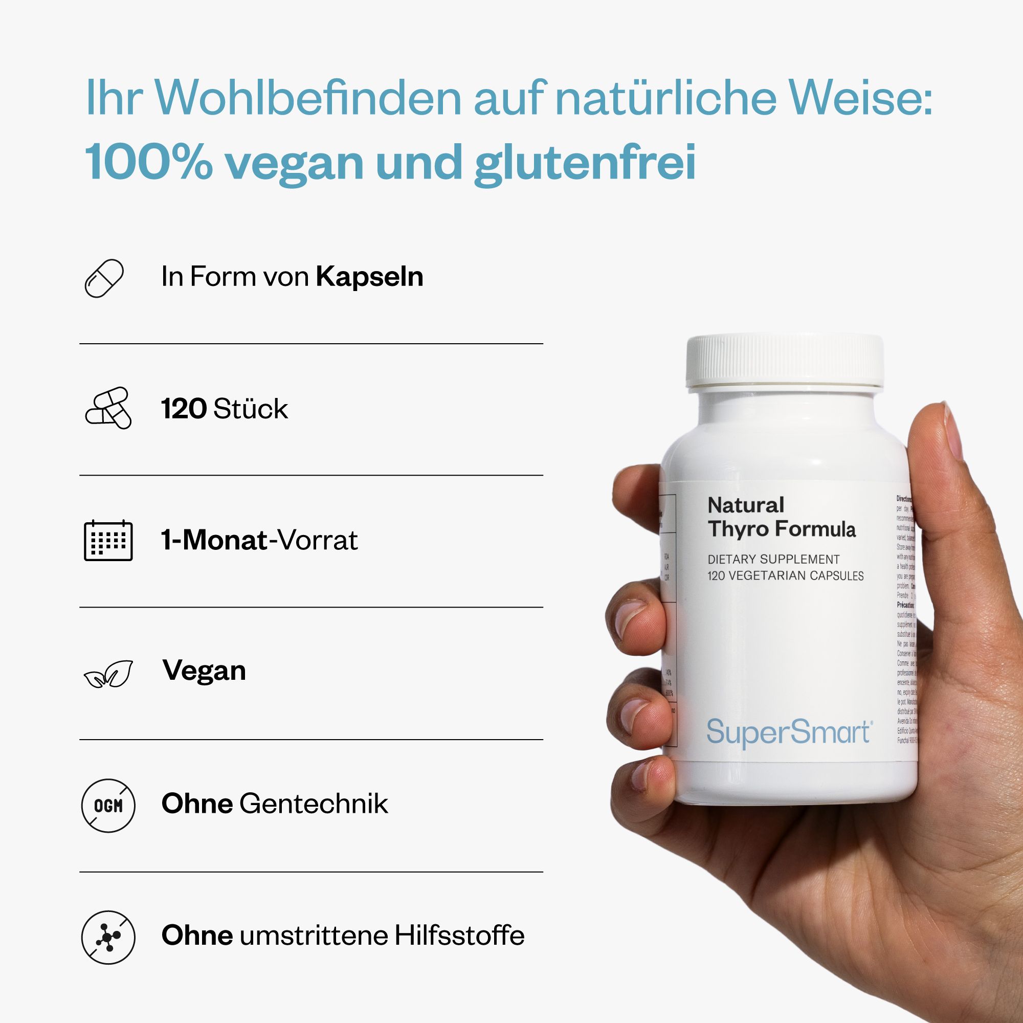 Hand hält weiße Flasche Natural Thyro Formula. Text: 120 Stück, 1-Monat-Vorrat, vegan, ohne Gentechnik, ohne Hilfsstoffe. SuperSmart Logo.