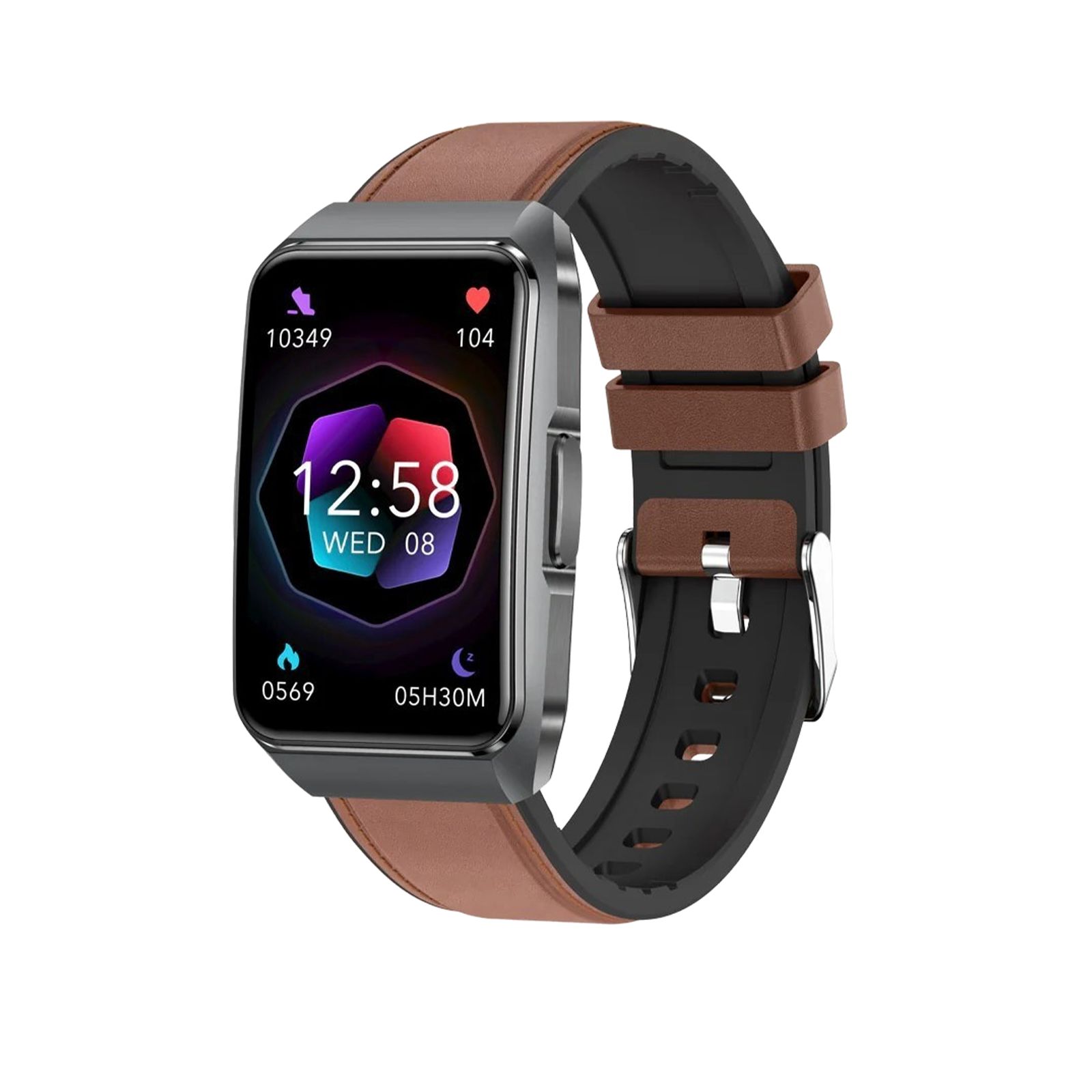 Smartwatch mit rechteckigem Display, braunem Lederarmband und schwarzem Silikonband. Zeigt Uhrzeit und Daten an.