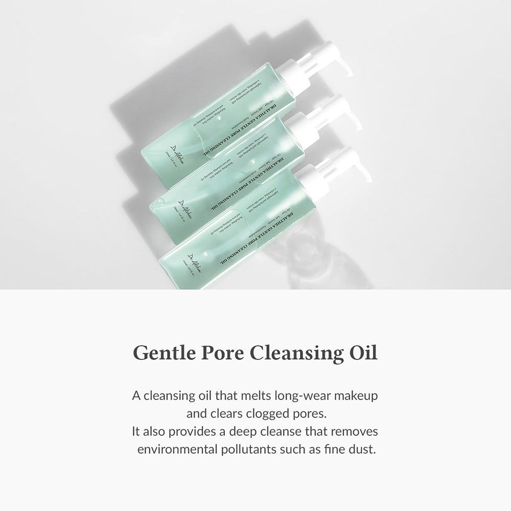 Drei Flaschen Dr. Althea Gentle Pore Vegan Cleansing Oil nebeneinander auf weißem Hintergrund.