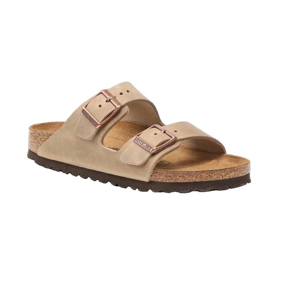 Sandalo con due cinturini e fibbie. Plantare in sughero, tomaia beige, suola marrone. Marchio sulle fibbie.
