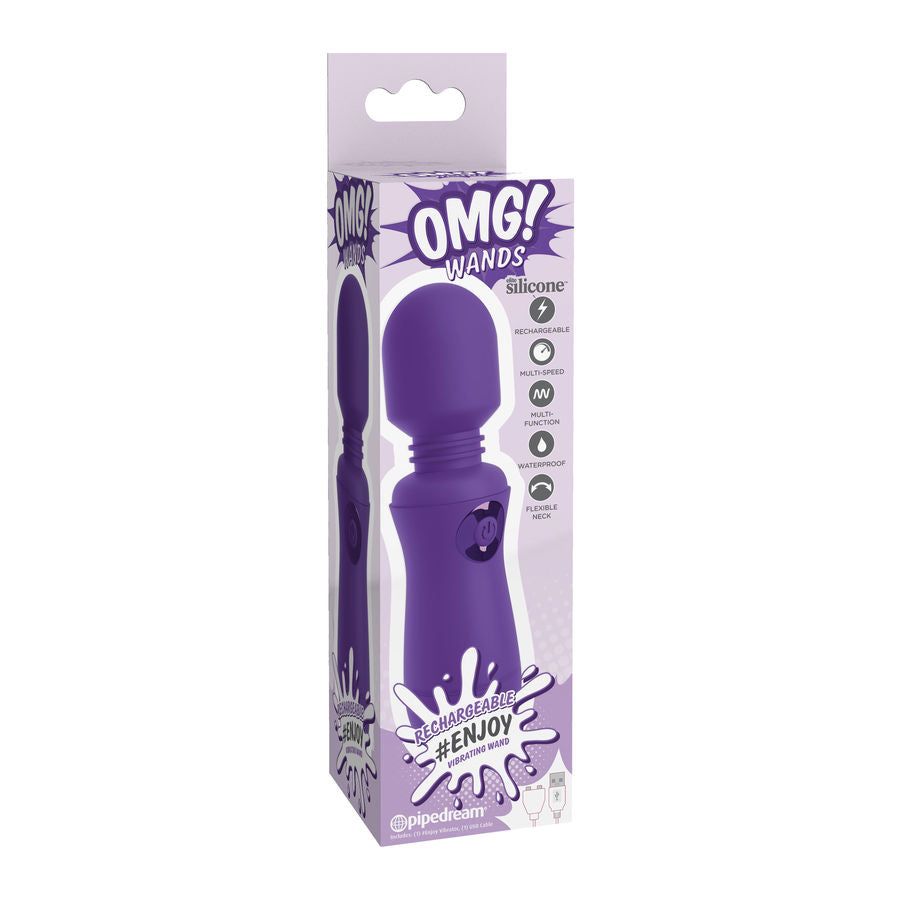 Verpackung mit lila Massagegerät. Text: OMG! WANDS, Silikon, wiederaufladbar, #ENJOY. Marke: Pipedream.