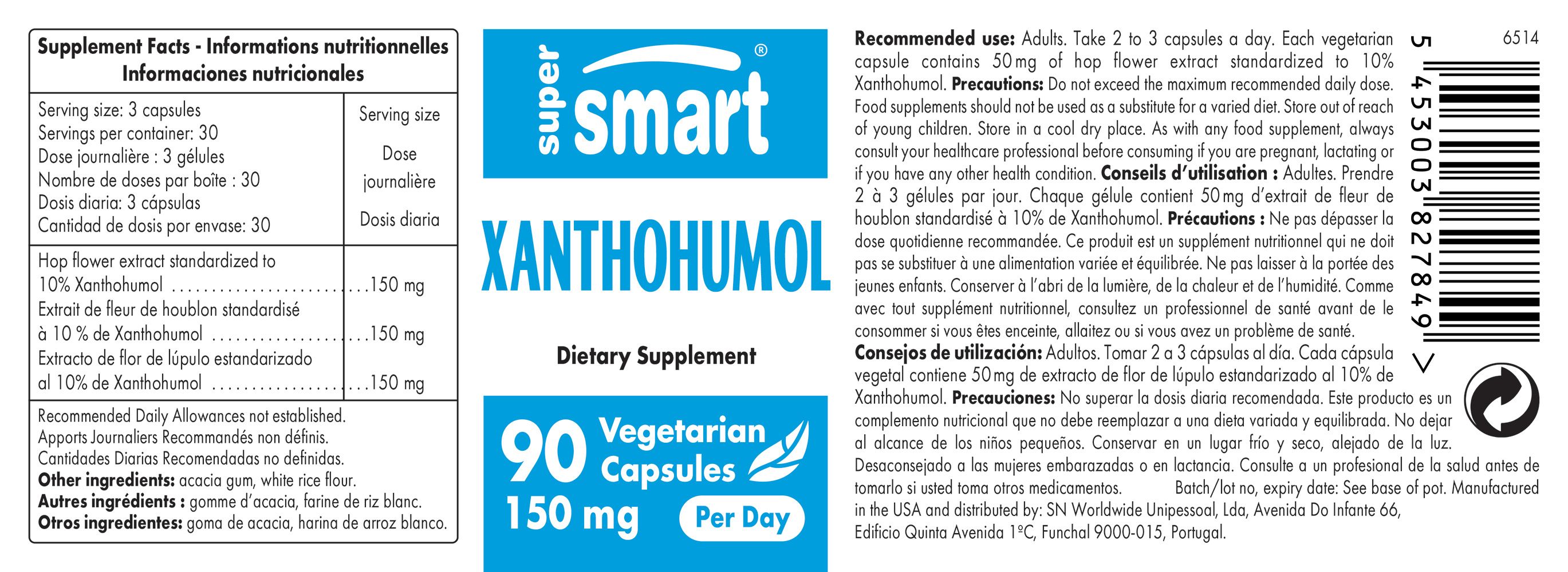 Etikett mit Produktinformationen. Enthält Xanthohumol, 90 Kapseln, 150 mg pro Tag. SuperSmart-Logo.