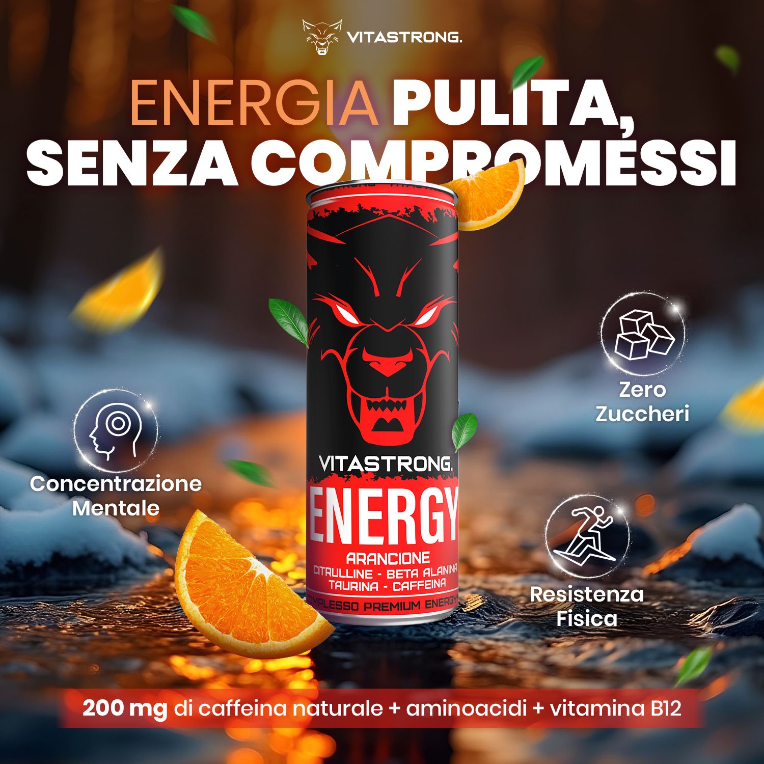 Vitastrong Energy Orange Dose mit Text und Icons. Orange-Scheiben. Text: Energie, ohne Kompromisse.