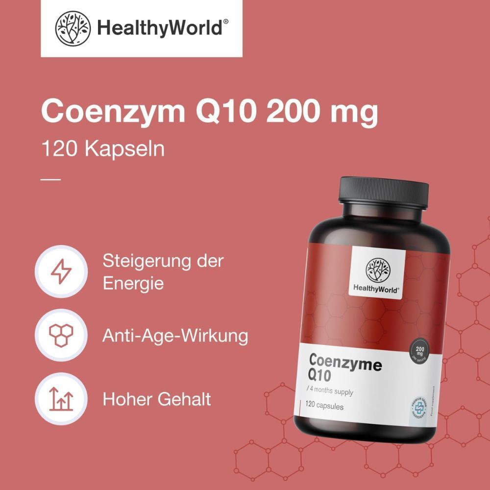 Flasche mit Text: HealthyWorld, Coenzym Q10, 200 mg, 120 Kapseln. Symbole: Energie, Anti-Age, hoher Gehalt.