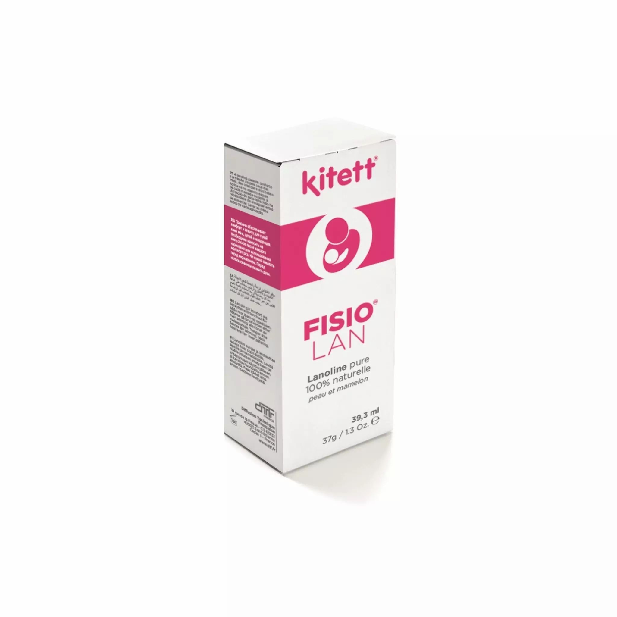 Weißer Karton mit rosa Akzenten. Schriftzug kitett, FISIO LAN und weitere Angaben. Lanolin, 100% natürlich.
